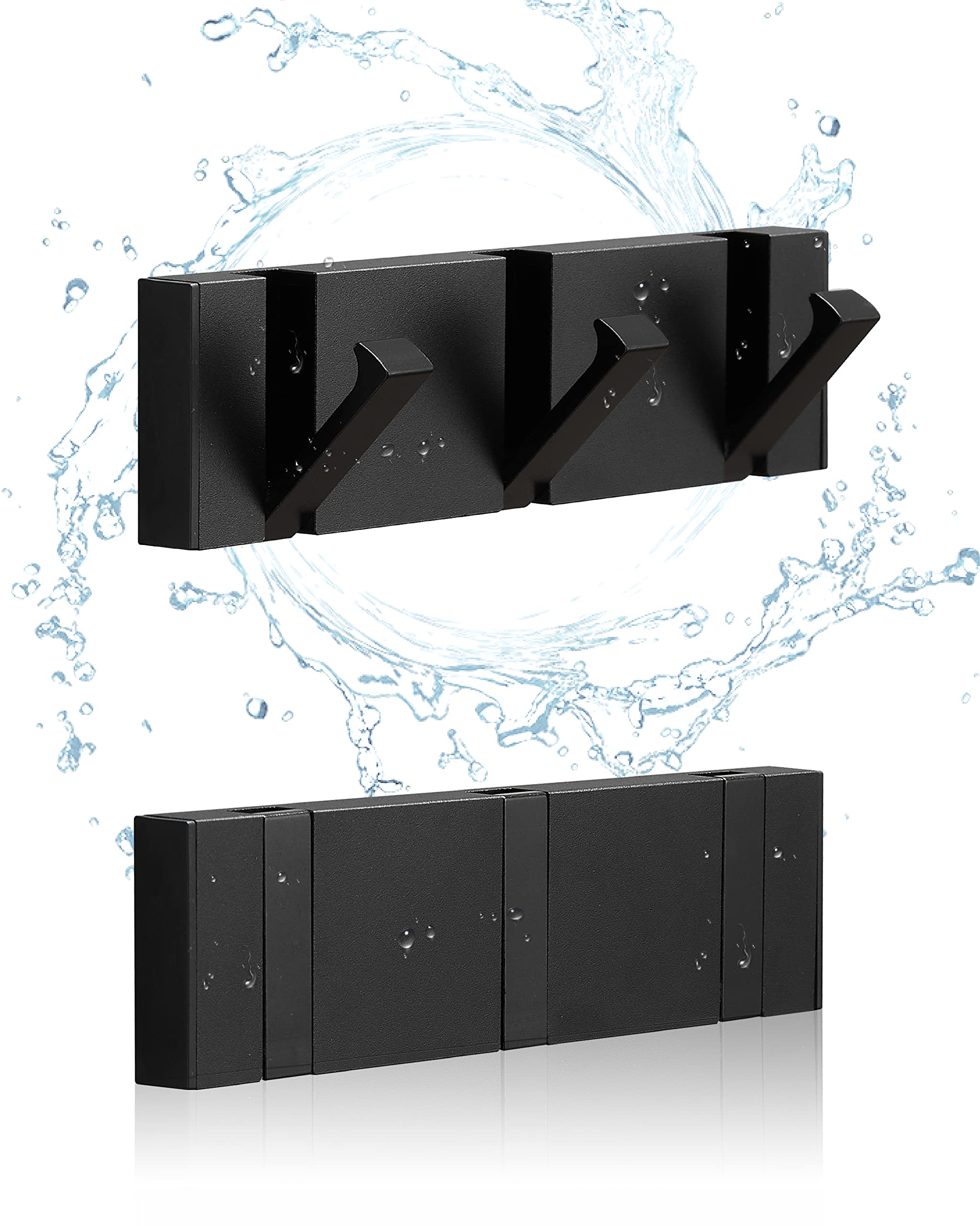 2 Pack Black Fold Down Waterproof Wall Mounted Towel Hooks - Heavy Duty Bathroom & Kitchen Hooks for Towels, Robes & Coats - Perfect for Bathroom, Balcony & Laundry Room Organization