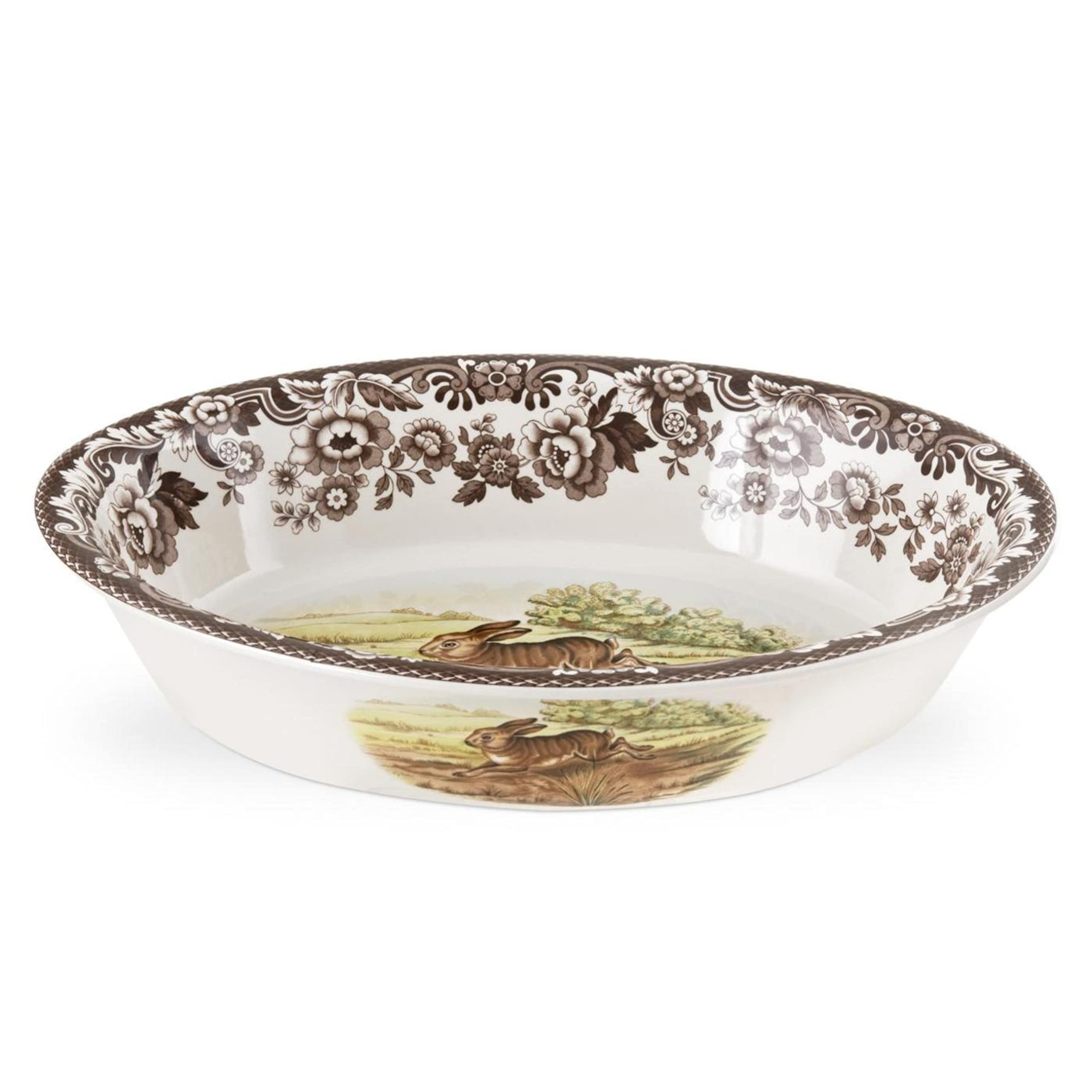 Spode Woodland Oval Rim Dish – Elegant Porcelain Serving Platter with Rabbit Design | Microwave & Dishwasher Safe Bakeware | Perfect for Holiday Dinners, Tea Parties & Home Decor
