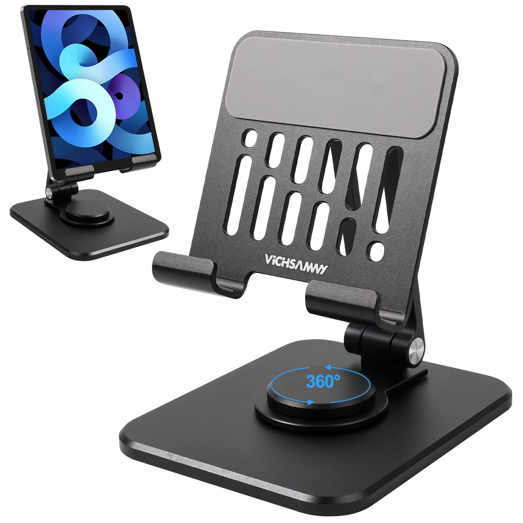 VICHSAMWY Aluminum Adjustable Phone Stand with 360° Rotating Base - Heavy Duty Foldable Stand for iPad Pro/Air/Mini & All 4-12.9