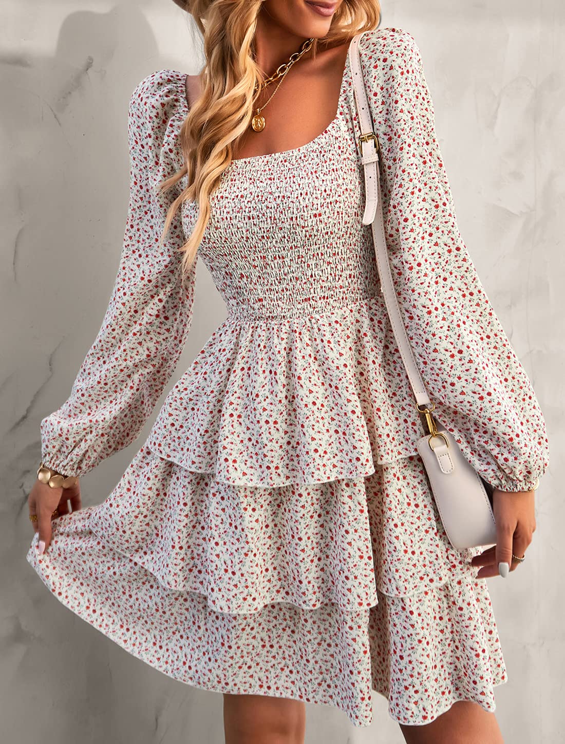 BTFBM Women's Floral Swiss Dot Square Neck Smocked Mini Dress - Long Sleeve Boho Wedding Guest Dress for Spring & Summer 2025 | Perfect for Garden Parties, Bridal Showers & Beach Weddings