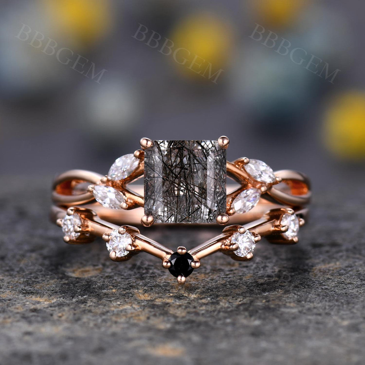 1 Carat Black Rutilated Quartz & Onyx Diamond Wedding Ring Set for Women - Elegant Bridal Jewelry for Engagement, Anniversary & Special Occasions