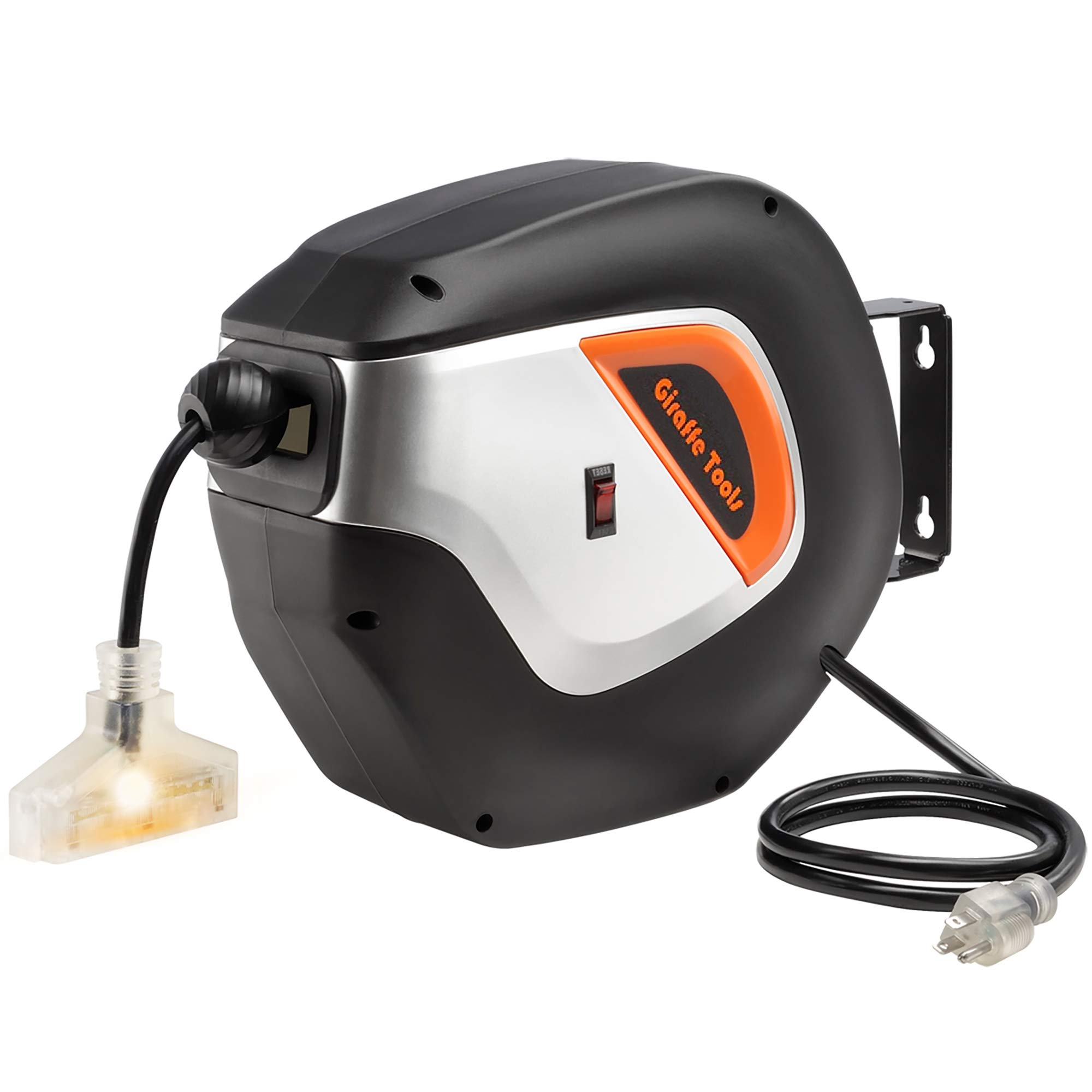 Giraffe Tools Retractable Extension Cord Reel - 50ft 14AWG 3C/SJT Heavy Duty Power Cord with Swivel Bracket & 3 Electrical Tap Connectors | Ideal for Garage, Workshop, Construction Sites & Outdoor Power Tools