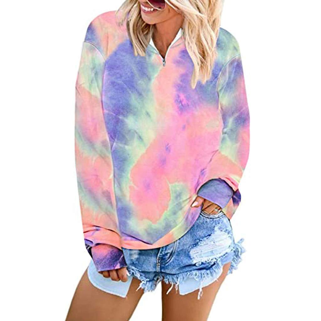 Plus Size Women's Casual Color Block Zip Up Hoodie | Tie Dye Long Sleeve Loose Pullover Sweatshirt Tops for Lounge & Outdoor Activities