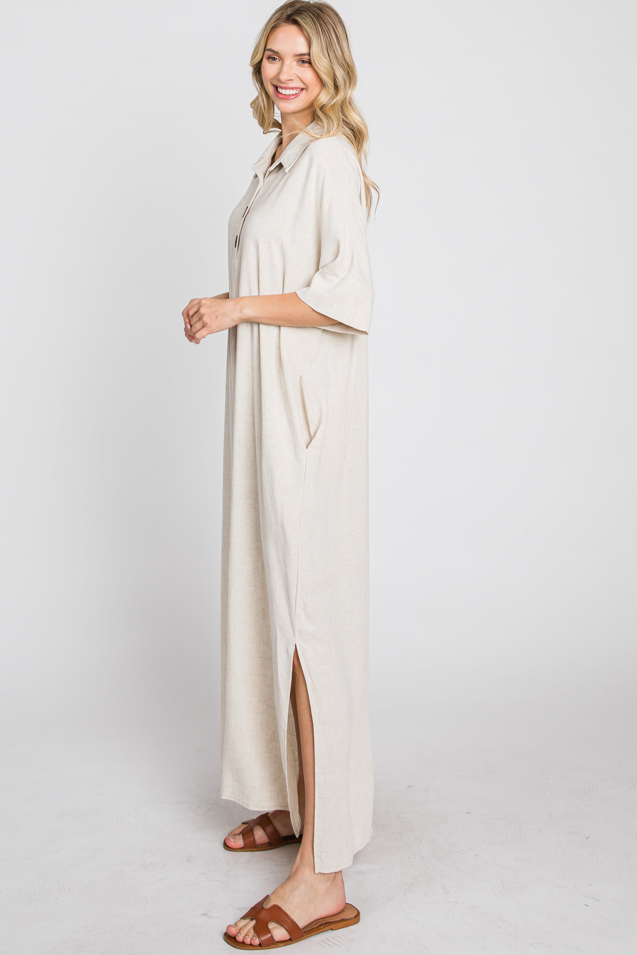 Beige Collared Linen Maxi Dress for Women - Summer Casual Long Dress with V-Neck & Pockets - Perfect for Beach, Vacation & Boho Style Outfits
