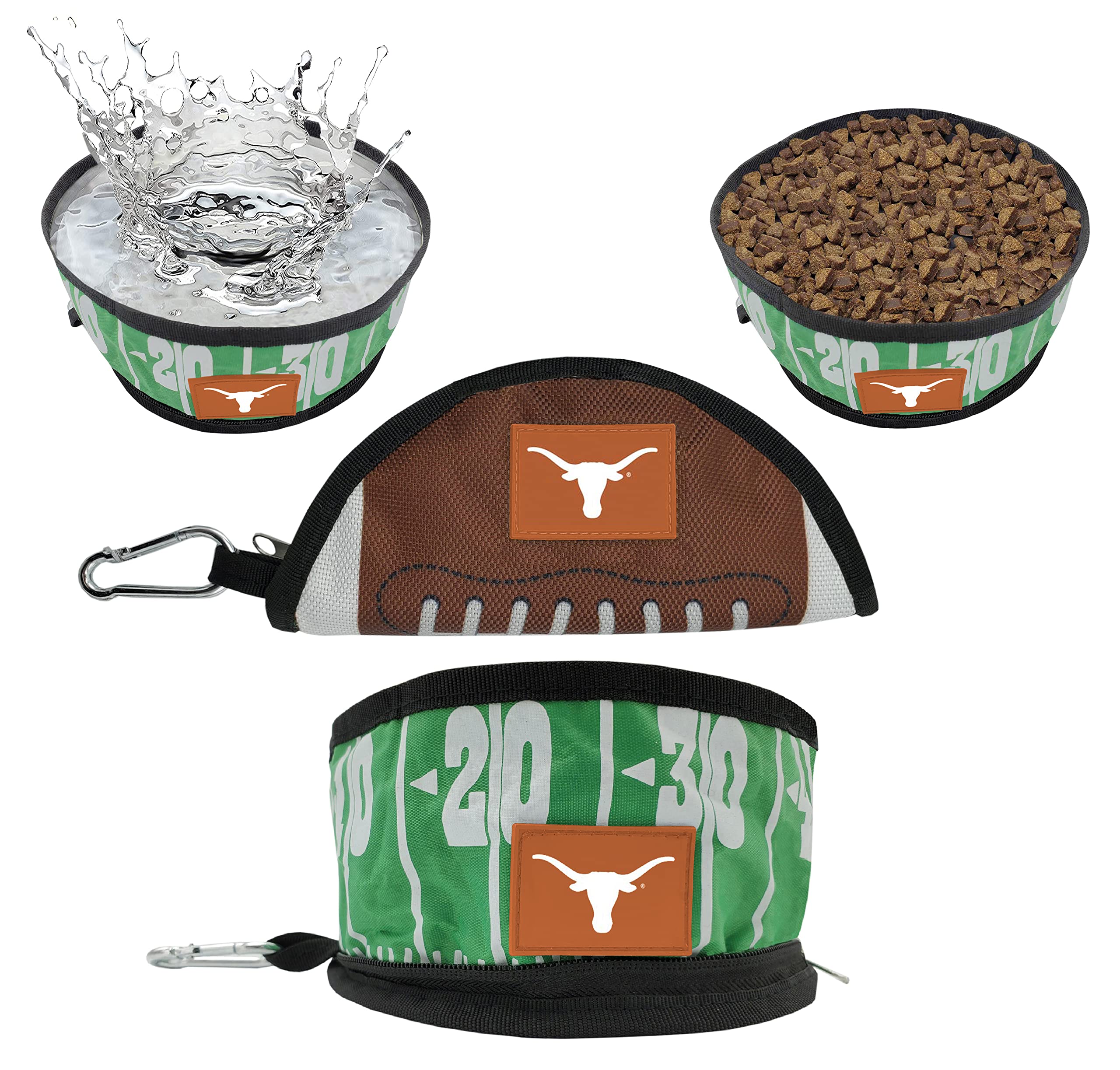 Texas Longhorns NCAA Collapsible Dog Travel Bowl - Portable Leak-Proof Pet Food & Water Dish for Dogs & Cats - Lightweight Football Field Design for Camping, Hiking & Road Trips