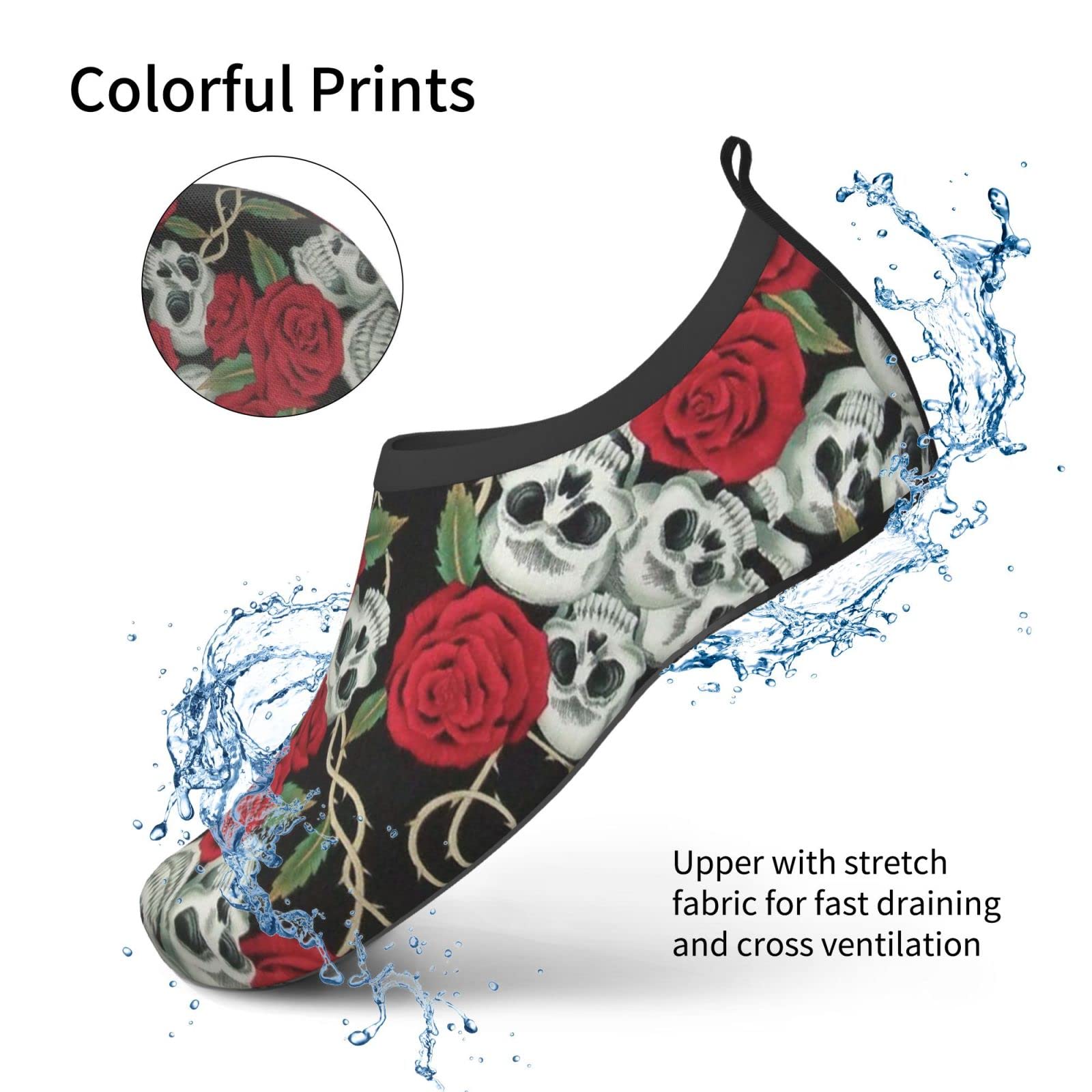 Funny Water Shoes for Women & Men - Barefoot Quick Dry Aqua Socks for Beach, Swim, Surf, Yoga & Exercise - Lightweight Flexible Water Shoes with Red Rose Skull Design - Perfect for Water Sports, Pool Parties & Summer Adventures