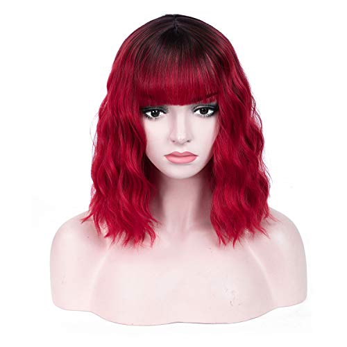 SHINYSHOW 14 Inch Ombre Short Wavy Bob Wig - Black to Red Heat Resistant Synthetic Hair with Bangs & Middle Part | Perfect for Daily Wear, Parties, Cosplay & Halloween Costumes for Women