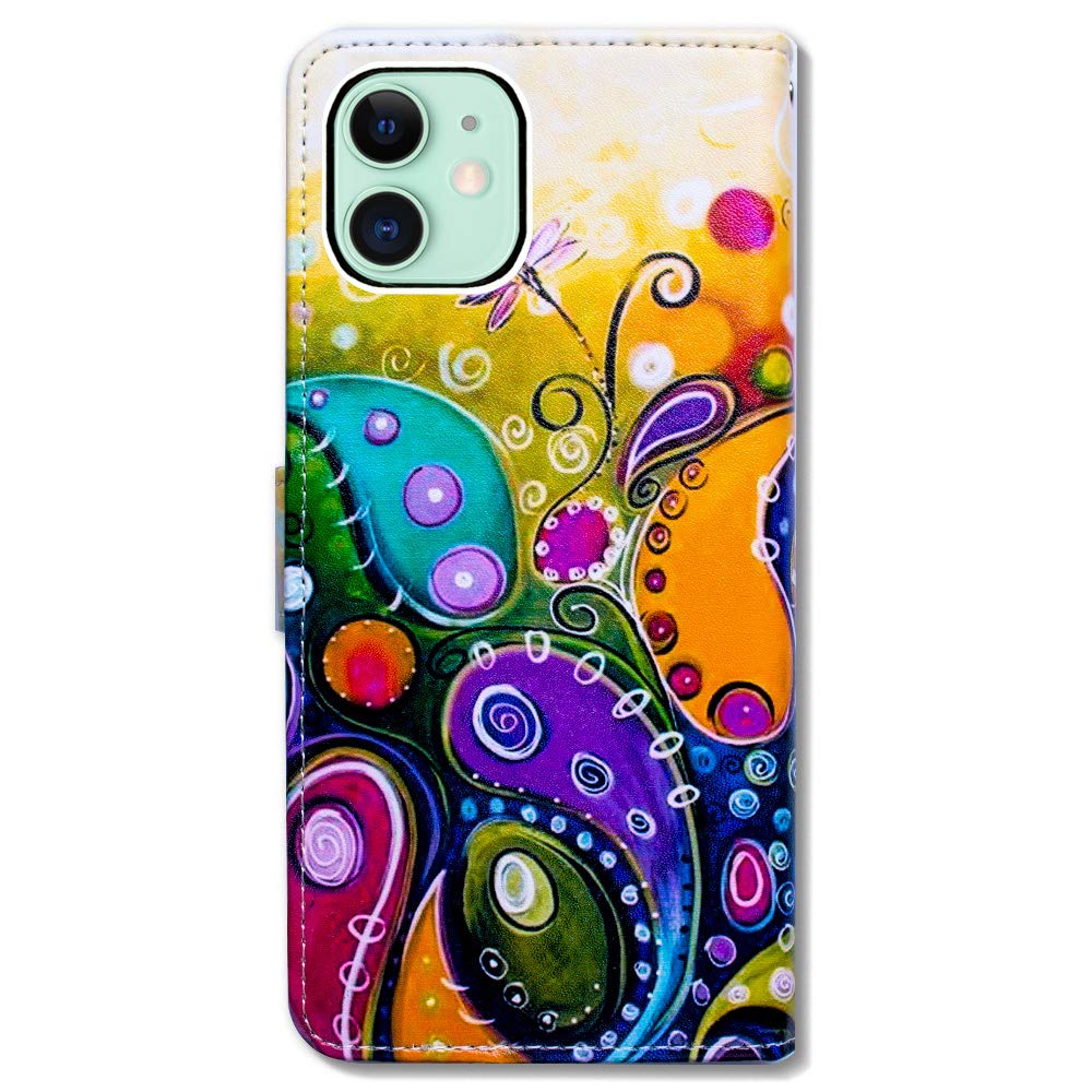 Premium Leather Flip Wallet Case for iPhone 13 Mini with Card Slots & Kickstand - Stylish Dragonfly Design for Protection & Convenience | Perfect for Everyday Use, Travel, and Business Meetings
