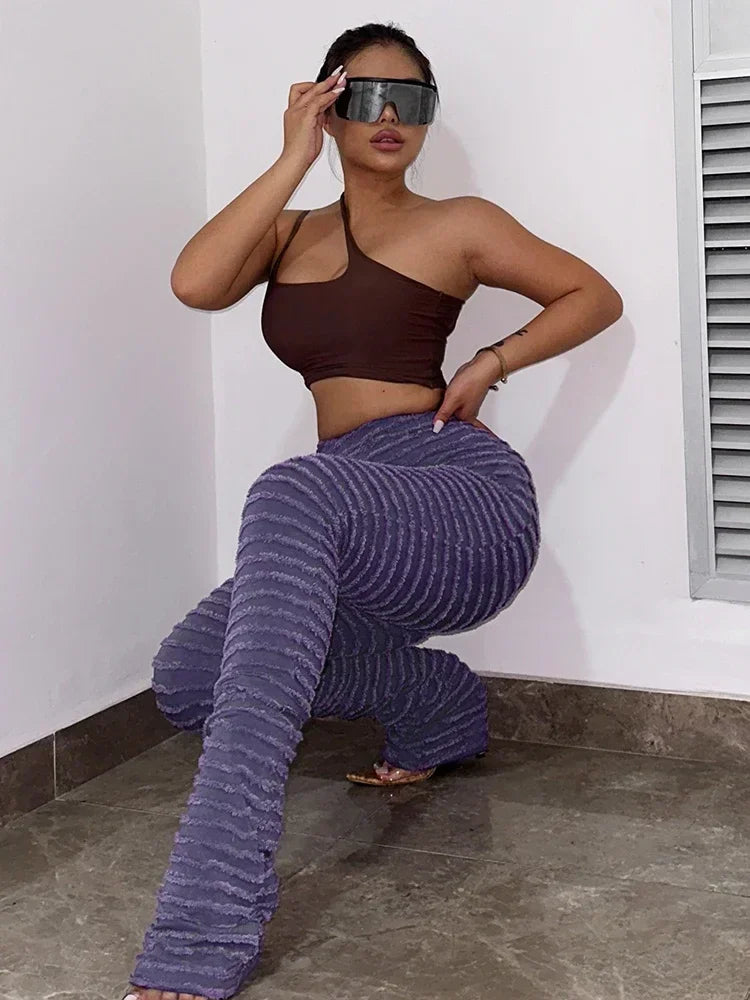 Black and White Striped Knitted High Waist Flare Pants for Women - 2023 Streetwear Extra Long Stacked Bottoms (Size C66 EE42) | Perfect for Casual Outings, Music Festivals & Boho Chic Style