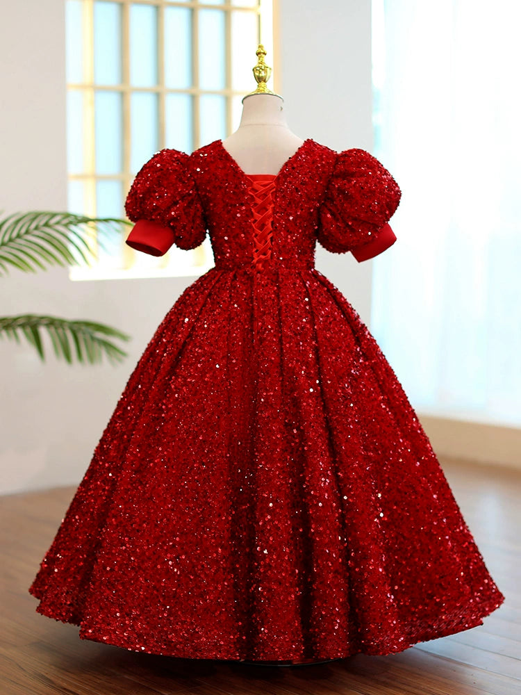 Burgundy Princess Round Floor Length Sequined Flower Girl Dress - Perfect for Weddings, Pageants & Special Occasions