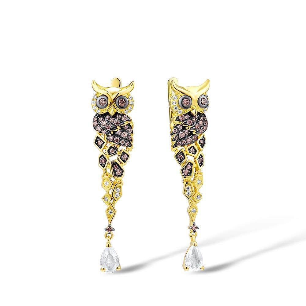 925 Sterling Silver Gold-Tone Owl Drop Earrings for Women | Sparkling Fine Jewelry | Perfect for Parties, Weddings & Everyday Wear