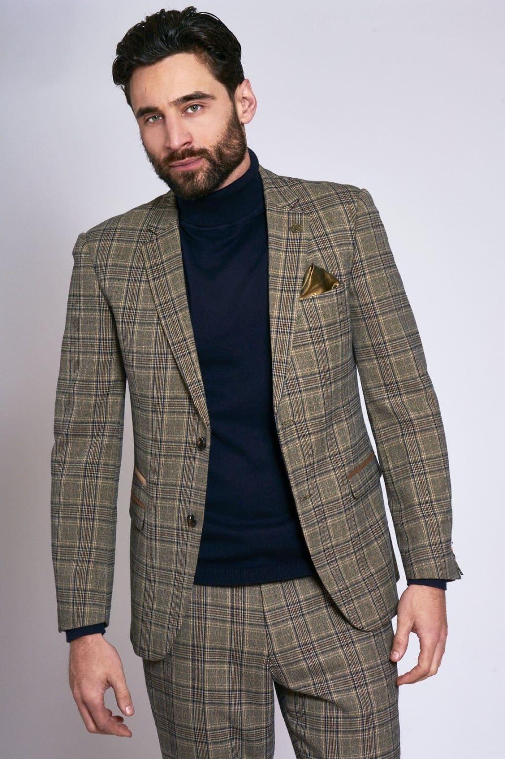 Marc Darcy Enzo Tan Tweed Check Blazer for Men - Classic Slim Fit Wool Blend Jacket - Perfect for Business, Office, and Formal Occasions