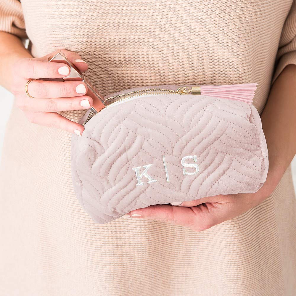 Personalized Velvet Quilted Makeup Bag for Women - Small Blush Pink Wedding Gift, Bridesmaid Proposal, Travel Cosmetic Pouch for Bachelorette Party & Honeymoon