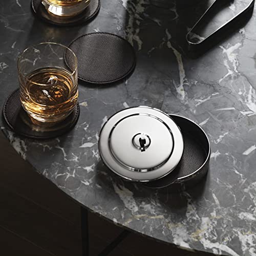 Georg Jensen Manhattan Collection Coaster Set - 4 Premium Leather Drink Coasters with Stainless Steel Case | Elegant Home Bar & Dining Table Accessories for Wine, Cocktail & Coffee Protection