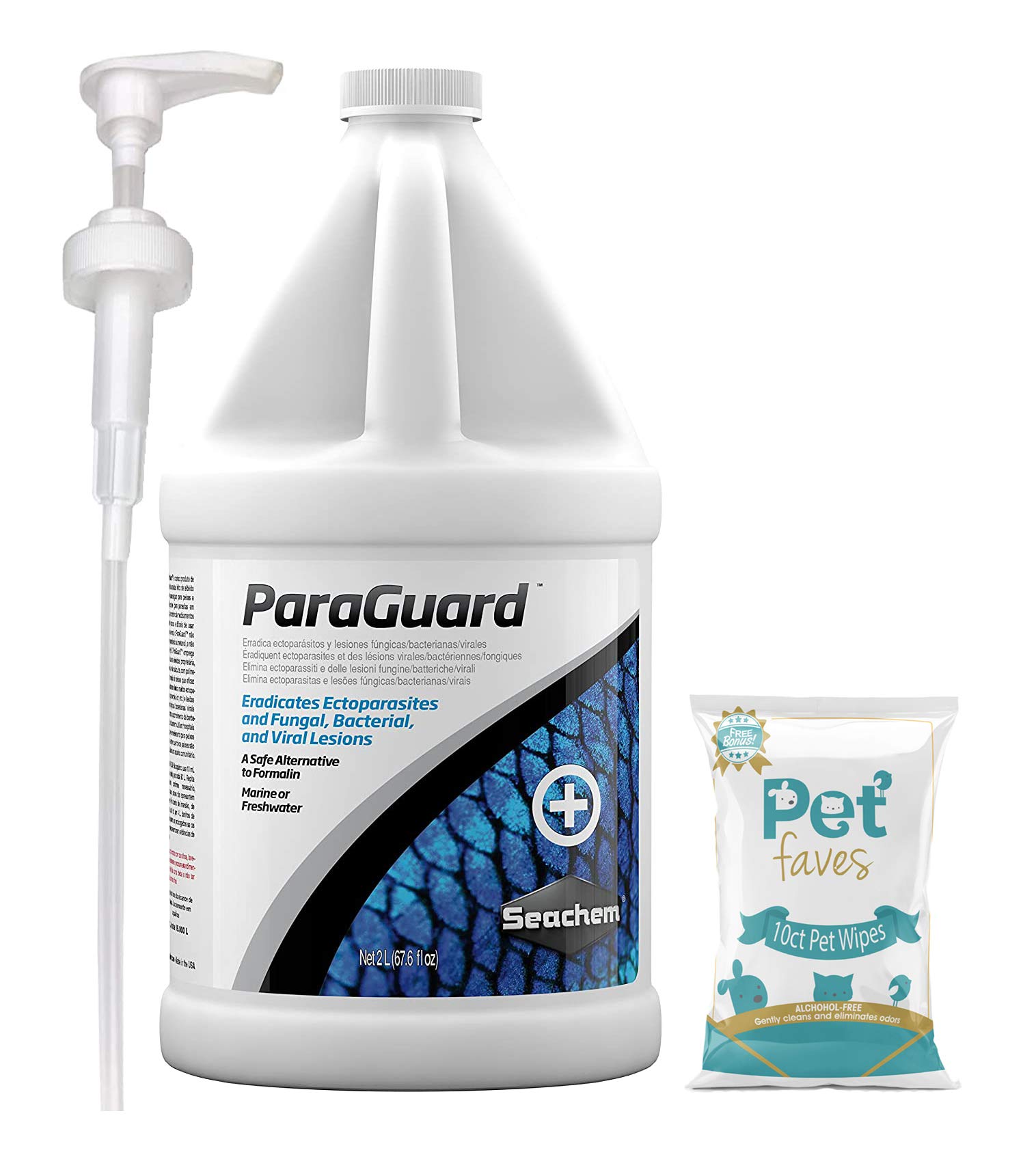 ParaGuard Medication for Freshwater & Saltwater Fish - Aquarium Treatment with Pump & 10ct Pet Wipes - Ideal for Fish Tanks, Ponds & Aquarium Maintenance