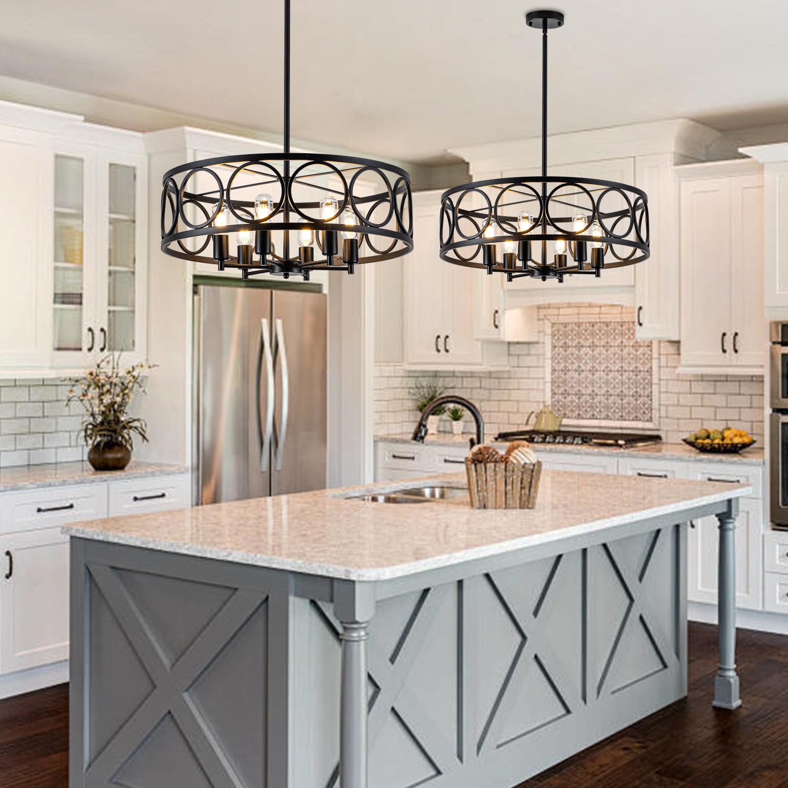 Black Farmhouse Chandelier - 6-Light Rustic Drum Dining Room Pendant Light - 23.6