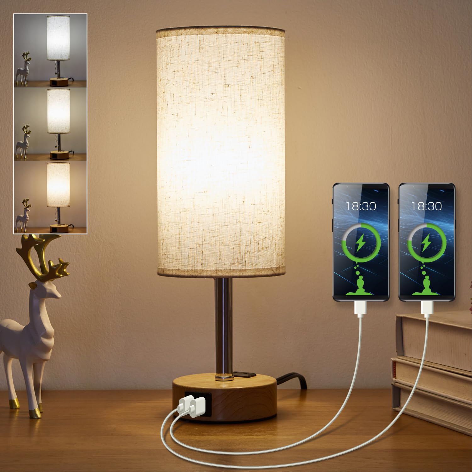 3-Way Dimmable Touch Bedside Table Lamp with USB-C Charging Port & AC Outlet - Polished Metal Base & Fabric Shade for Bedroom, Office Desk - Includes LED Bulb - Perfect for Night Reading, Home Office & Bedside Charging