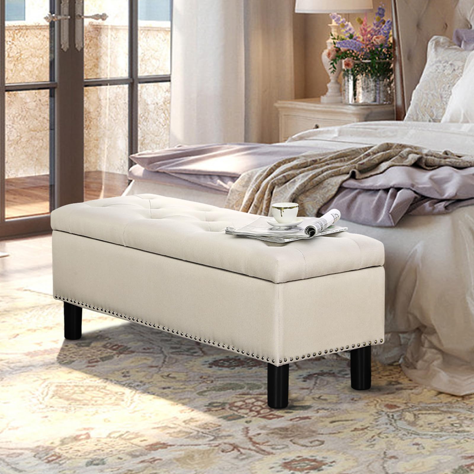 Furnimart 42.5 Inch Upholstered Storage Ottoman Bench with Flip Top - Tufted Linen Blanket Chest for Bedroom, Living Room & Entryway - Beige | Space-Saving Furniture for Small Spaces & Home Organization