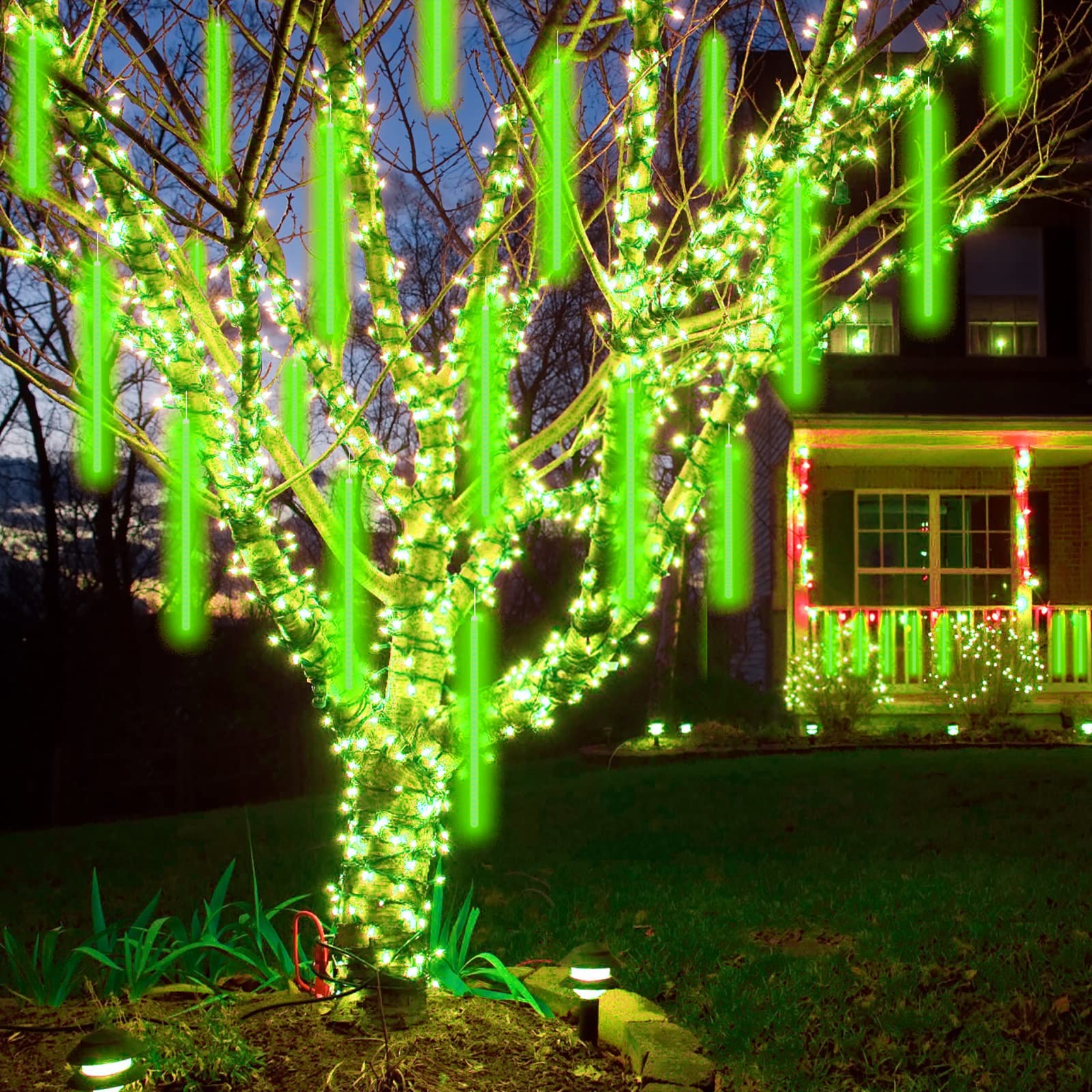 432 LED Meteor Shower Rain Lights - 50cm 8 Tubes High Brightness Snowfall Cascading Icicle String Lights for Christmas, New Year, Garden & Home Decor (Green) | Perfect for Outdoor Tree Lighting, Holiday Parties, and Winter Night Ambiance