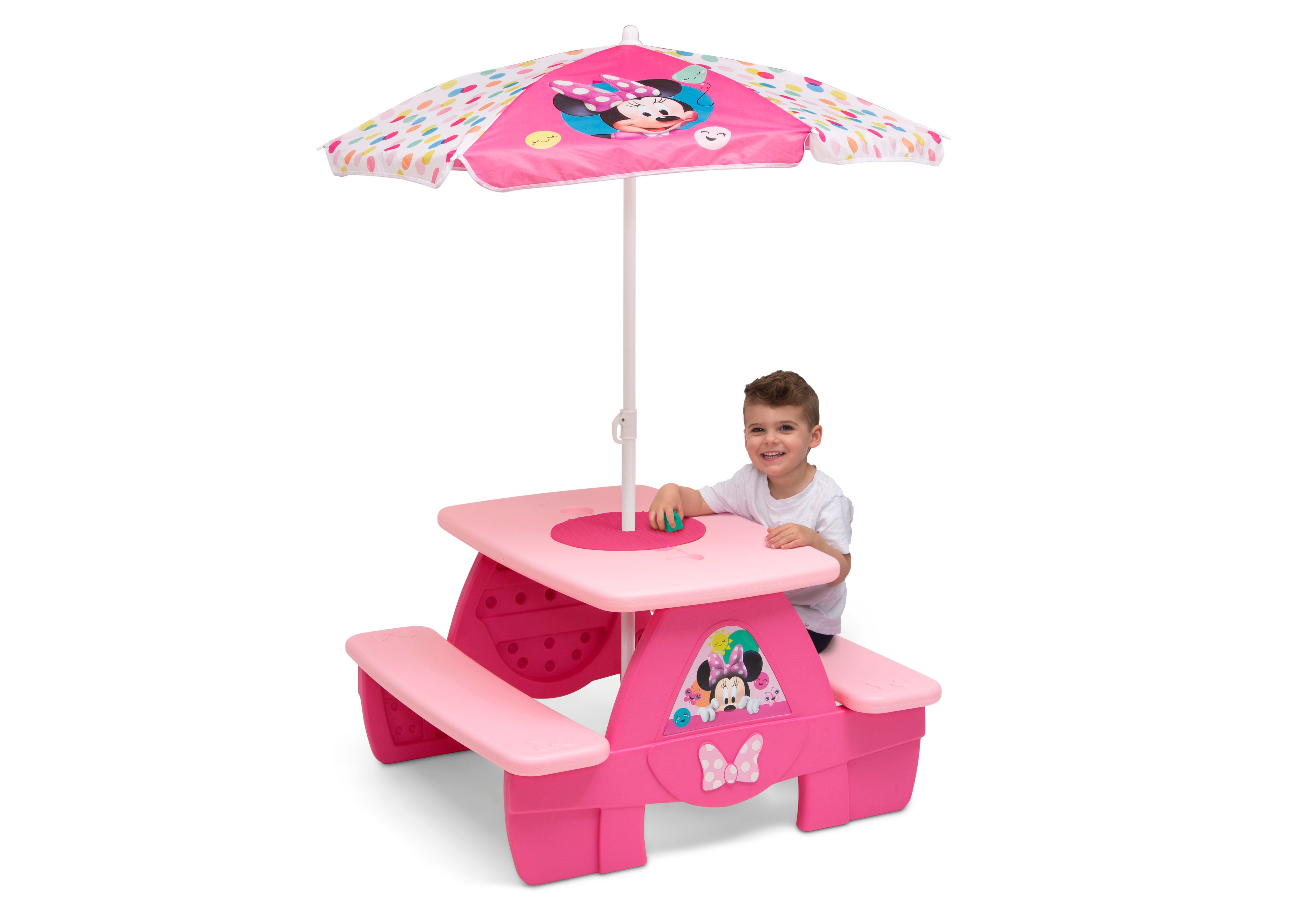 Minnie Mouse 4-Seat Kids Picnic Table with Umbrella & LEGO-Compatible Tabletop - Outdoor Play, Birthday Parties & Backyard Fun