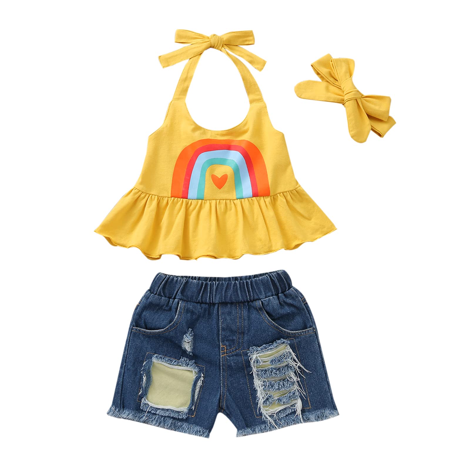 Adorable Toddler Baby Girl Summer Outfits - Rainbow Ruffle Sleeveless Halter Top & Distressed Denim Shorts Set with Headband | Perfect for Beach, Playdates & Summer Photoshoots