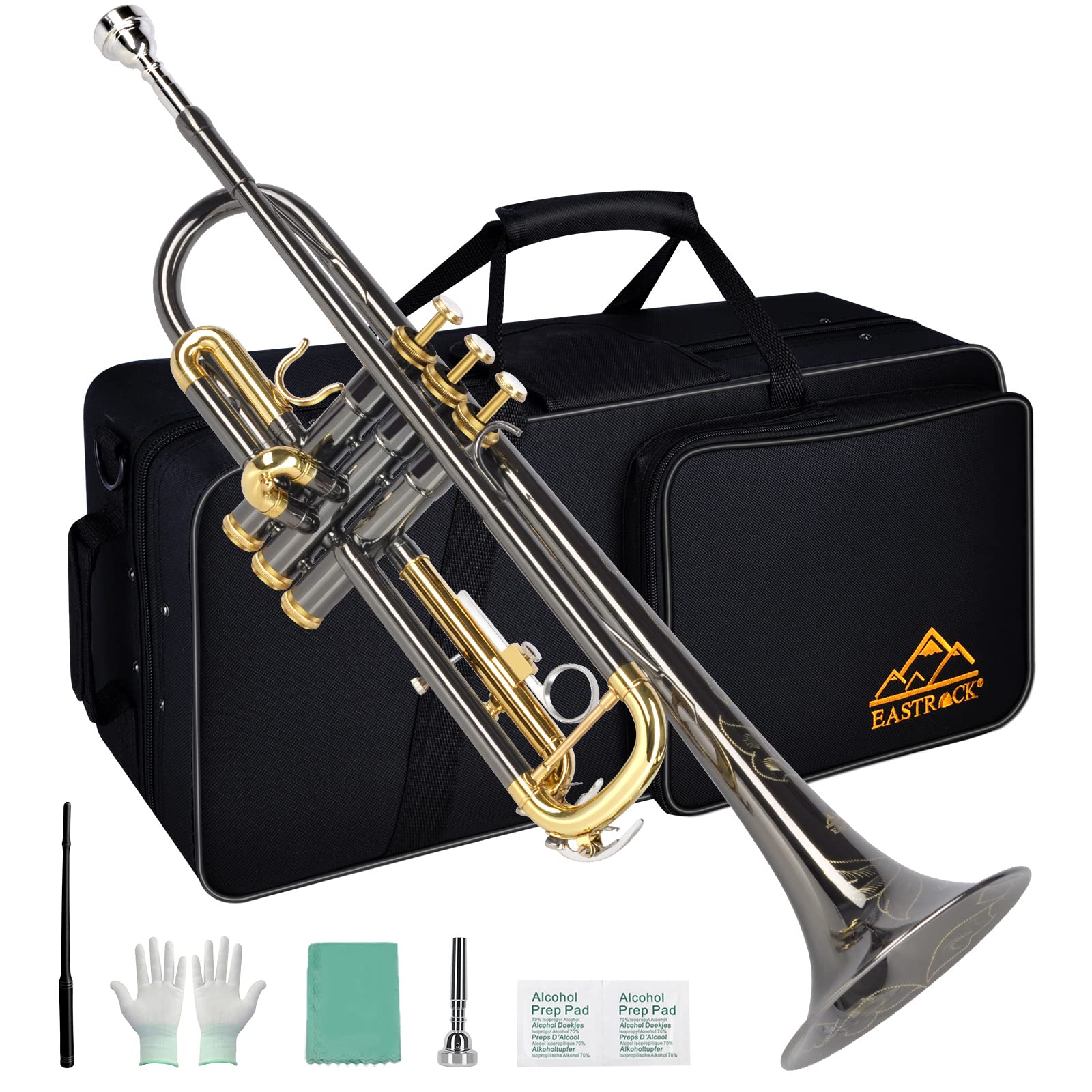 EASTROCK Professional Bb Trumpet Set - Black Nickel Finish with 7C Mouthpiece, Carrying Case, Gloves & Cleaning Kit | Perfect for Beginners, Students & Band Performances | Handcrafted Brass Instrument with Tuning Rod