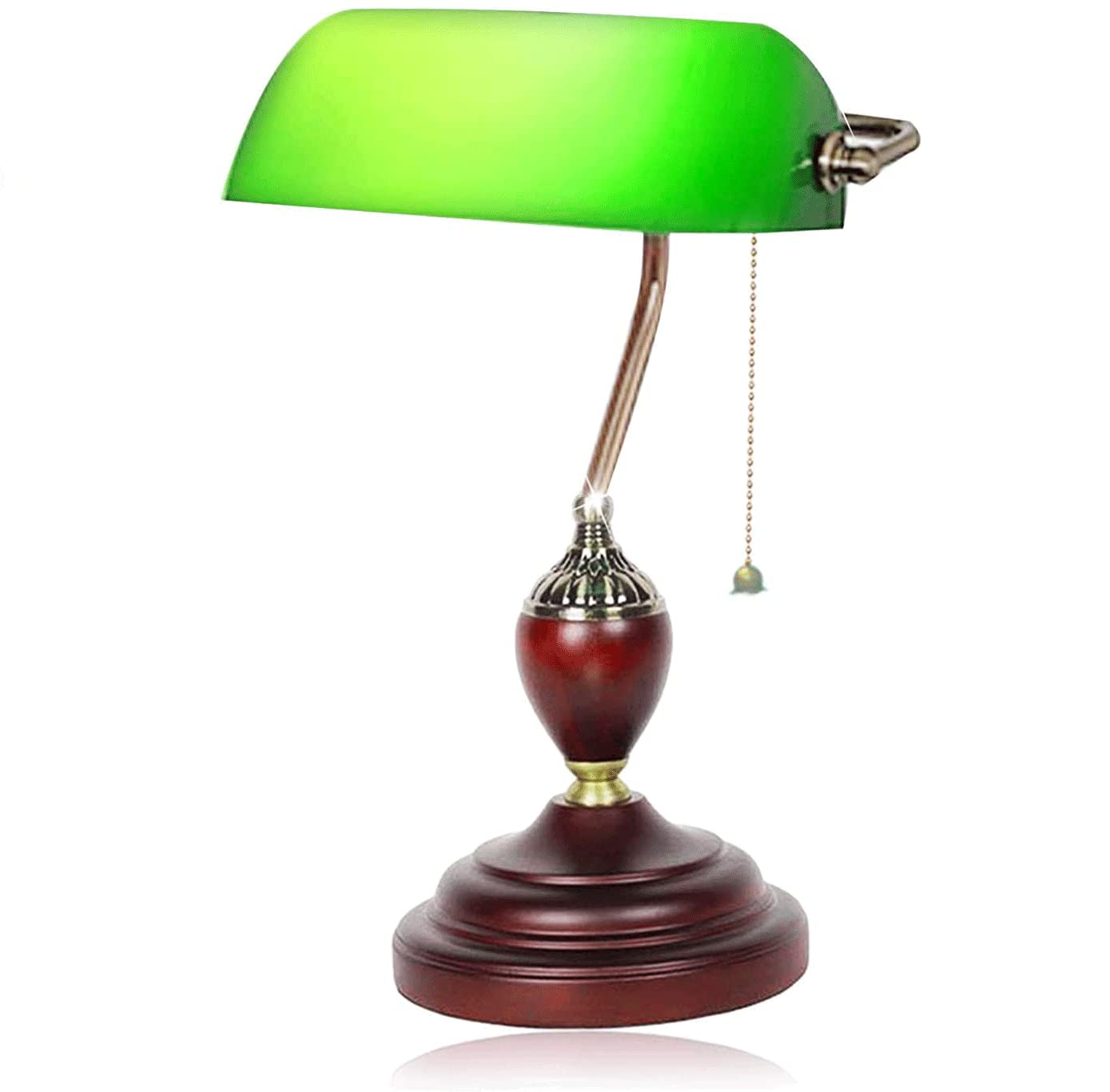 Vintage Emerald Green Glass Banker Desk Lamp with Wooden Base - Adjustable 360° LED Reading Light, E27 Bulb Compatible, Pull Chain Switch - Perfect for Office, Study & Bedroom Lighting (Model-A)