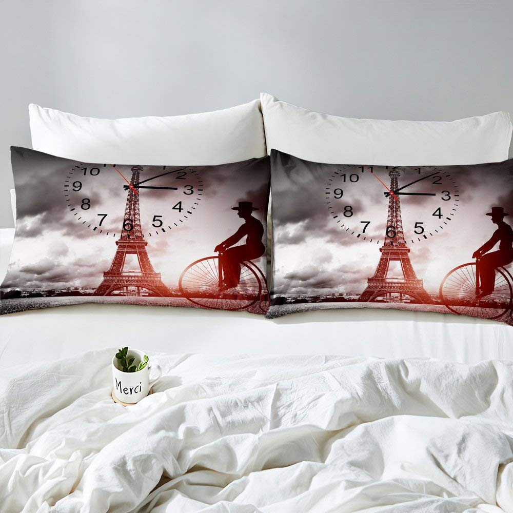 Eiffel Tower Duvet Cover Set - Paris France Themed Luxury Grey Bedding for Twin Bed | Famous City Scene Quilt Cover for Adults & Girls | Retro Decor for Bedroom, Dorm, or Gift
