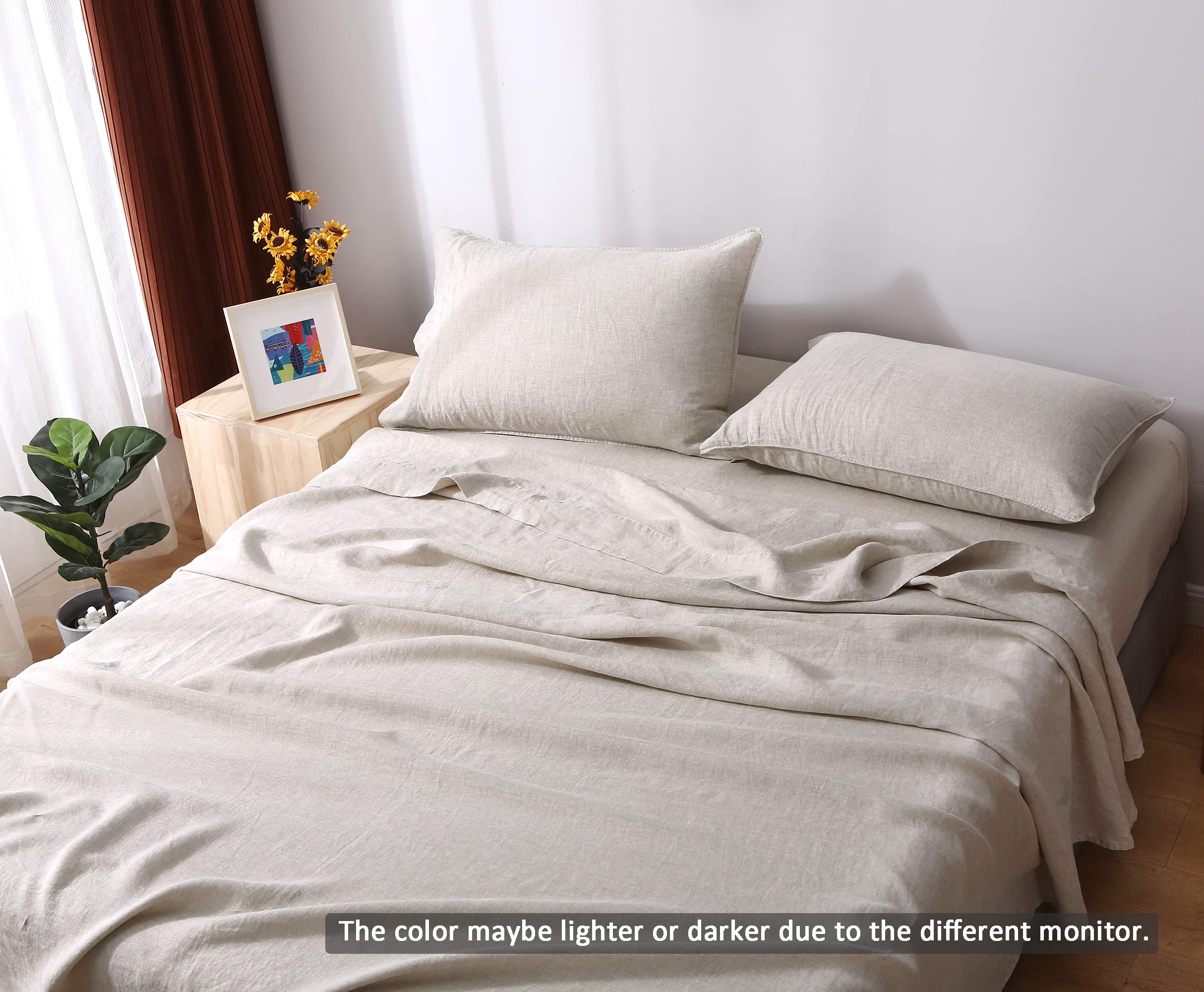 Premium 100% Organic French Linen Bed Sheet Set - Stone Washed Flax 4 Piece (1 Flat Sheet, 1 Fitted Sheet, 2 Pillow Cases) - California King Size - Natural Linen Fabric - Breathable & Eco-Friendly Bedding for Luxury Hotels & Home Master Bedrooms