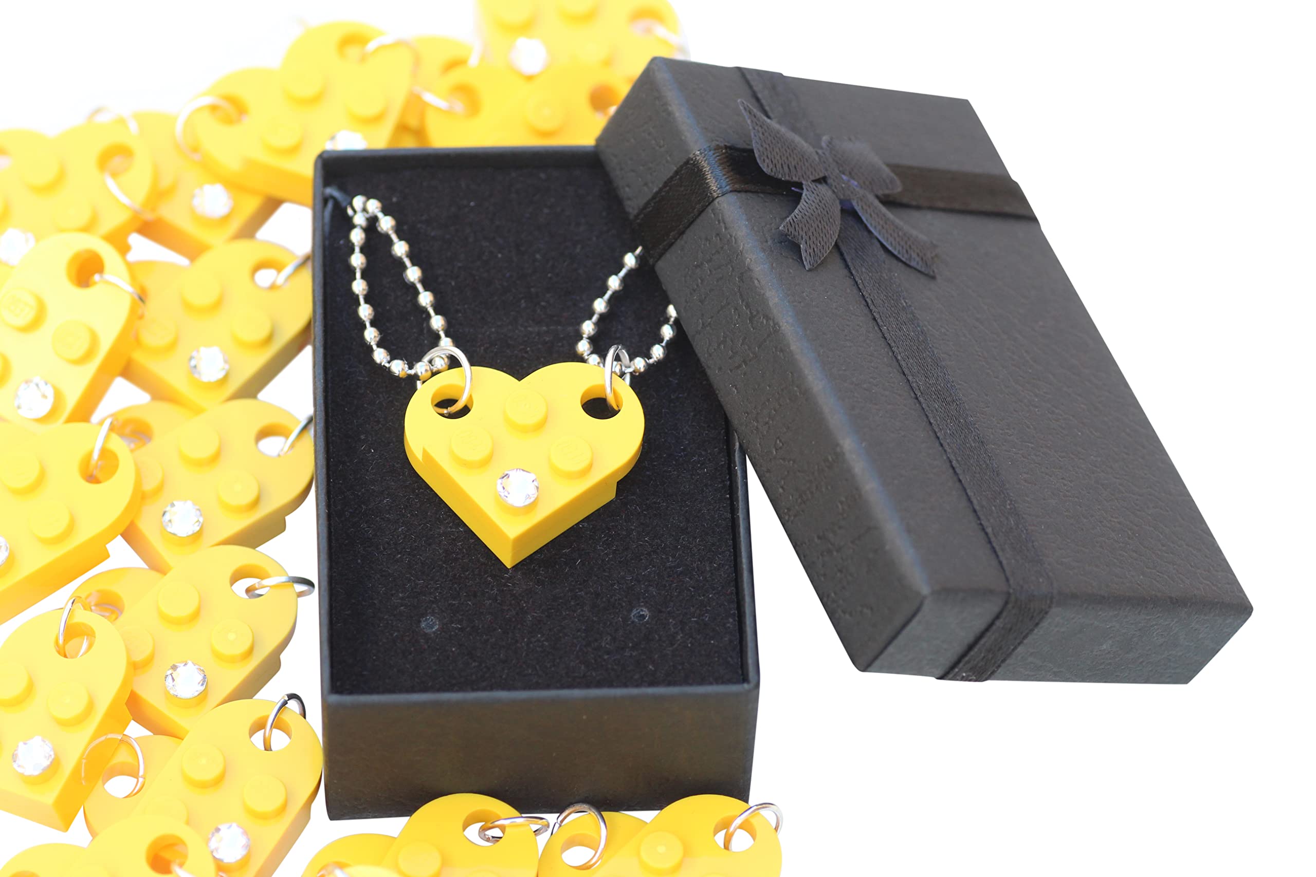 Swarovski Crystal Brick Heart Lego Necklace - 2 Bricks & 2 Silver Ball Beads Friendship Gift for Couples, BFF, Him or Her - Elegant Black Gift Box - Perfect for Anniversaries, Valentine's Day & Romantic Surprises - By TANTANBRICKS4U