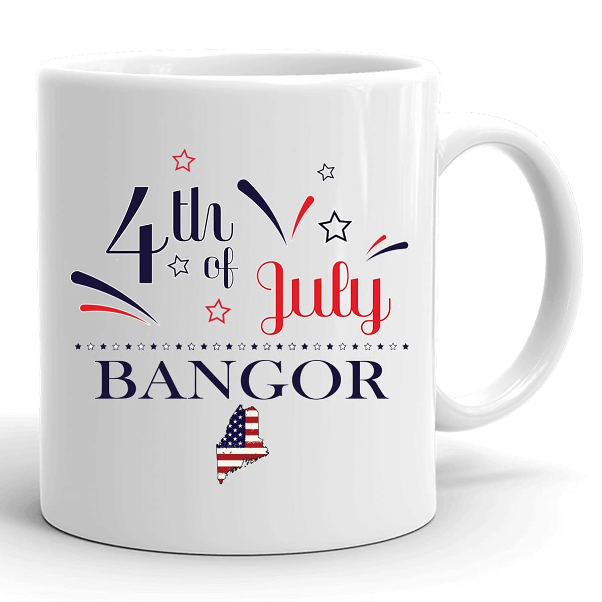 Personalized 11oz White Coffee Mug with USA Flag Design - Custom Happy 4th of July Gift for Independence Day - Perfect for Bangor Maine Residents & Patriotic Coffee Lovers - Great for Home, Office or Holiday Celebrations