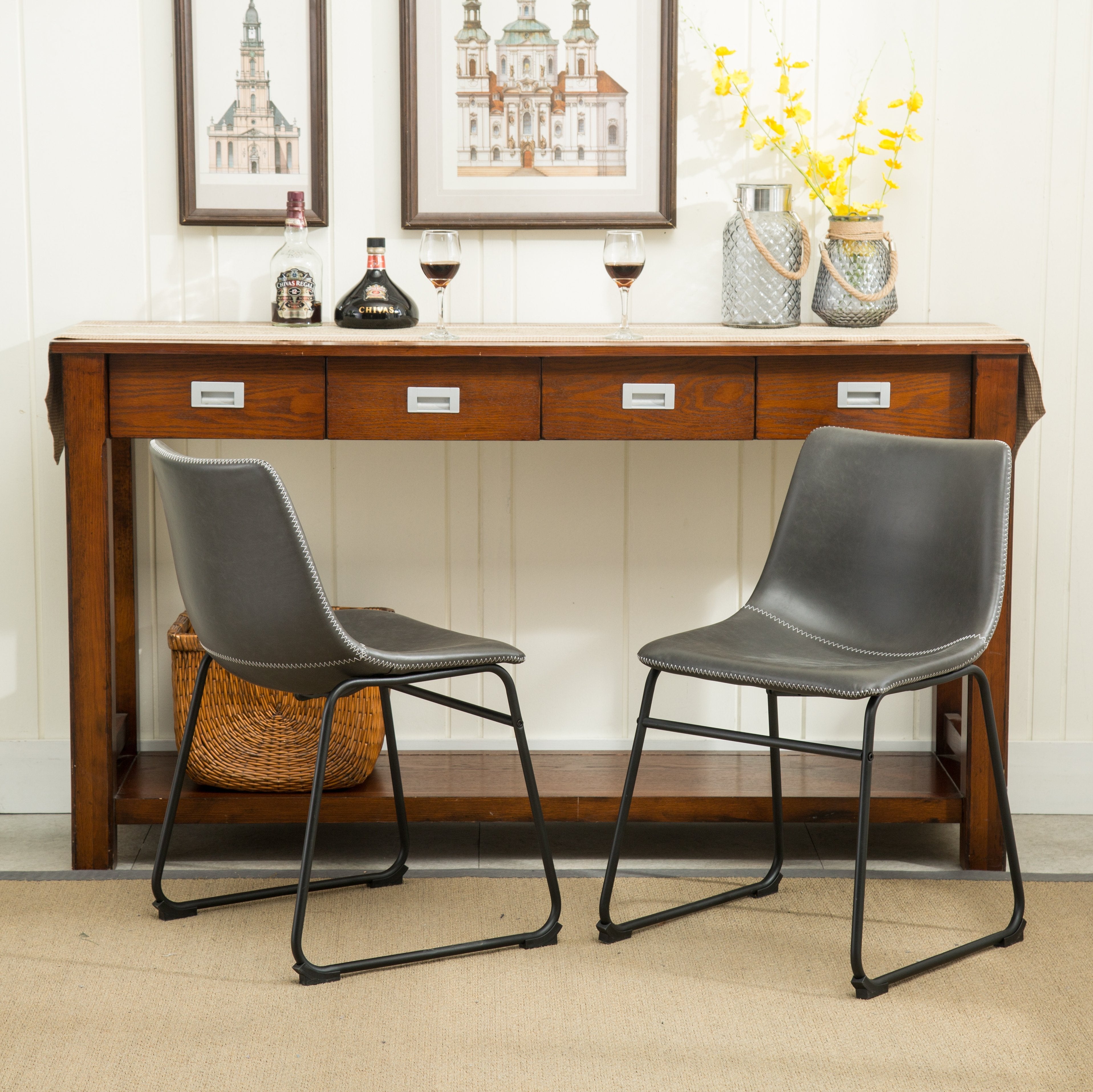 Vintage PU Leather Dining Chairs Set of 2 - Roundhill Furniture Lotusville Antique Gray for Kitchen, Dining Room & Home Decor