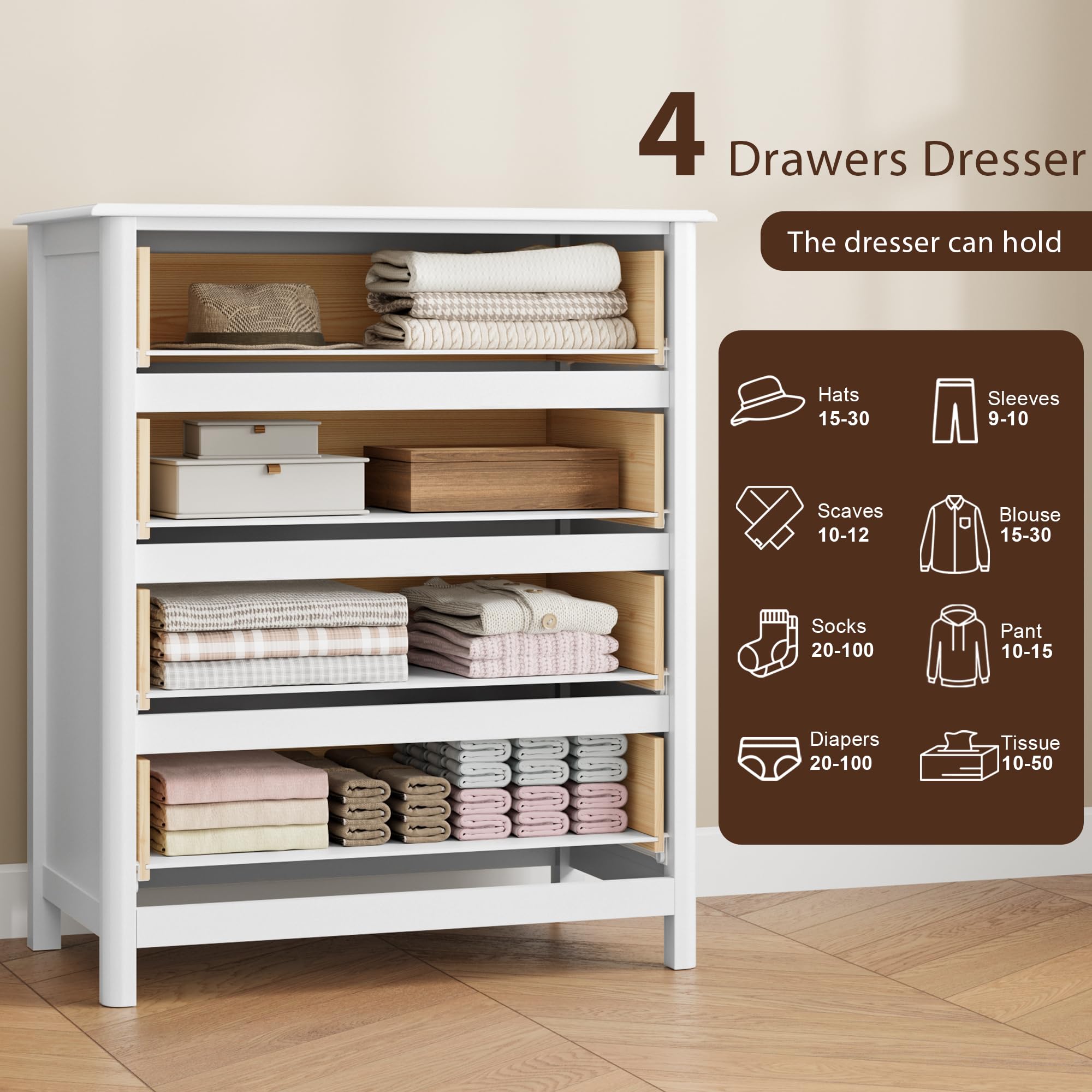 HOUSUIT White Dresser with 4 Drawers - Modern Wooden Storage Cabinet for Bedroom, Living Room, Entryway & Hallway - Ivory White Chest of Drawers for Home Organization & Decor