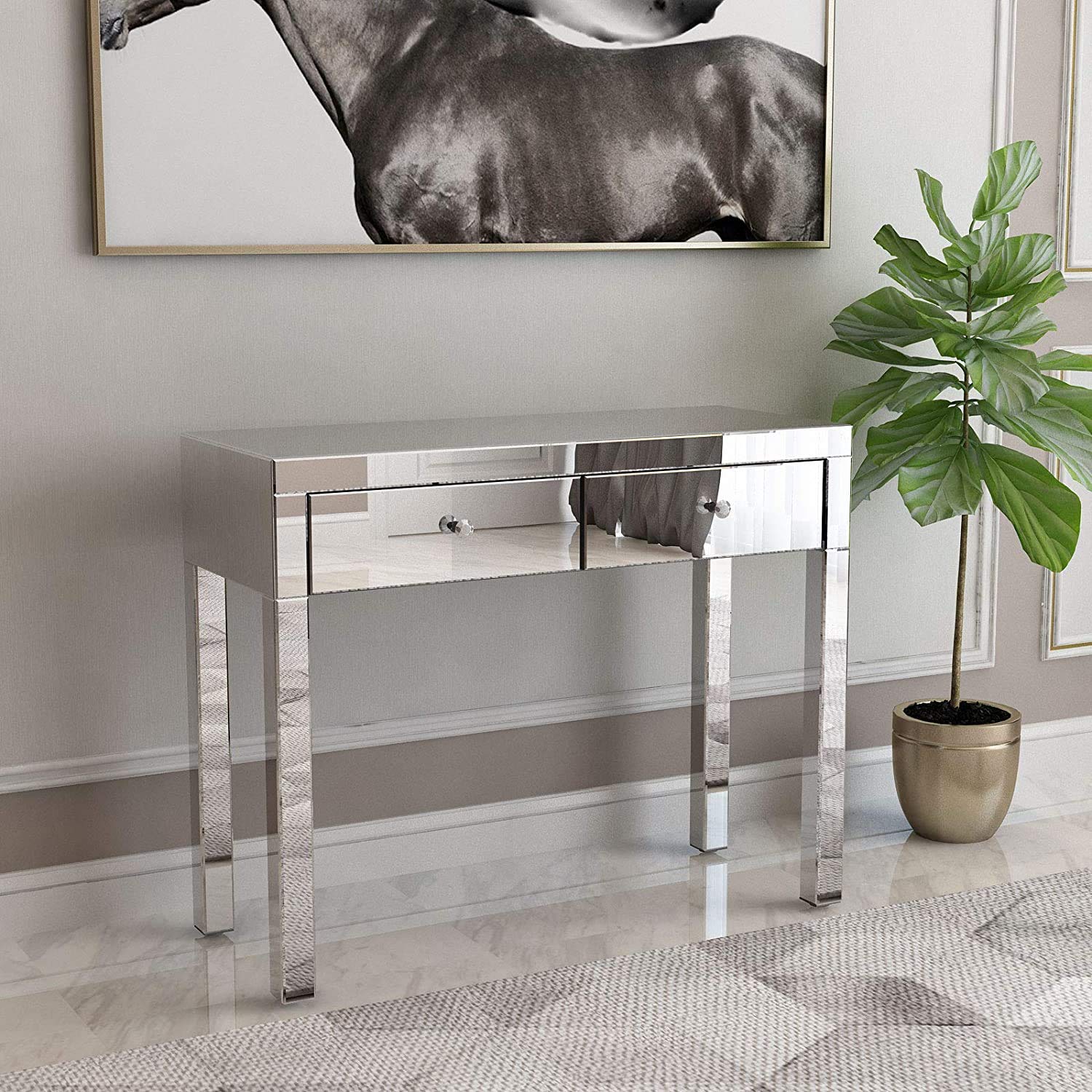 Modern Silver Mirror Writing Computer Desk with 2 Drawers - Sturdy Home Office Workstation for Study, Gaming & Remote Work - Space-Saving Design for Small Rooms & Apartments
