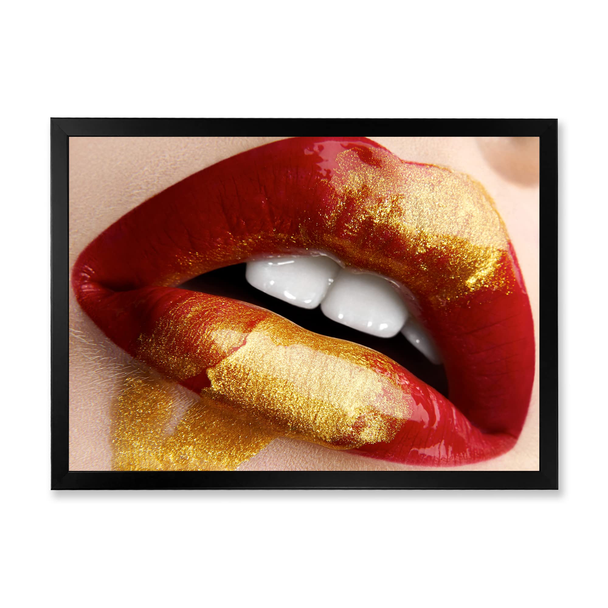 Plump Woman Lips Red Gold Modern Framed Wall Art - Elegant Home Decor for Living Room, Bedroom & Office
