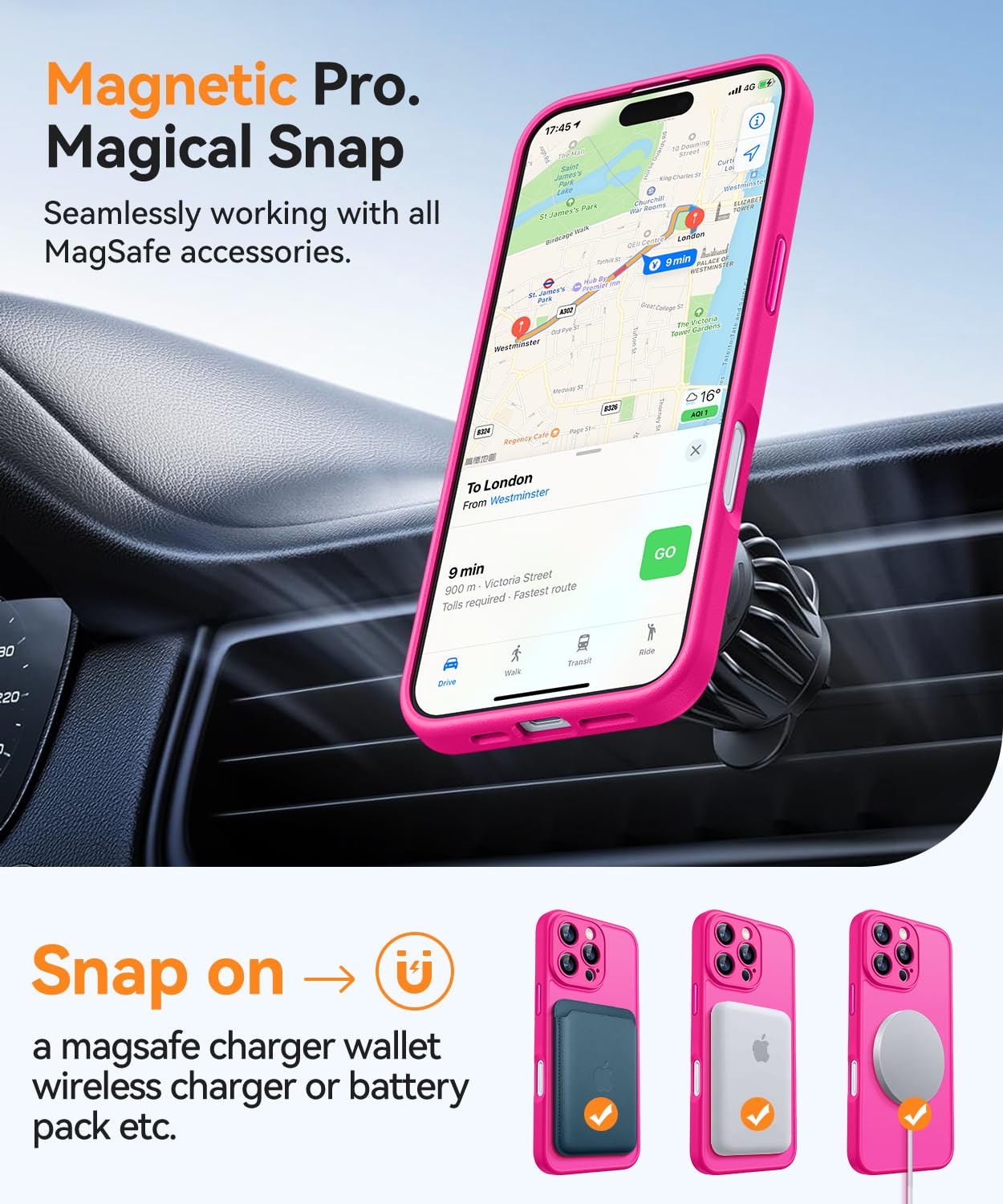 CANSHN Magnetic iPhone 16 Pro Case - Upgraded Full Camera Protection, Magsafe Compatible, Translucent Matte Shockproof Cover | Perfect for Daily Use, Travel & Outdoor Activities (Hot Pink)