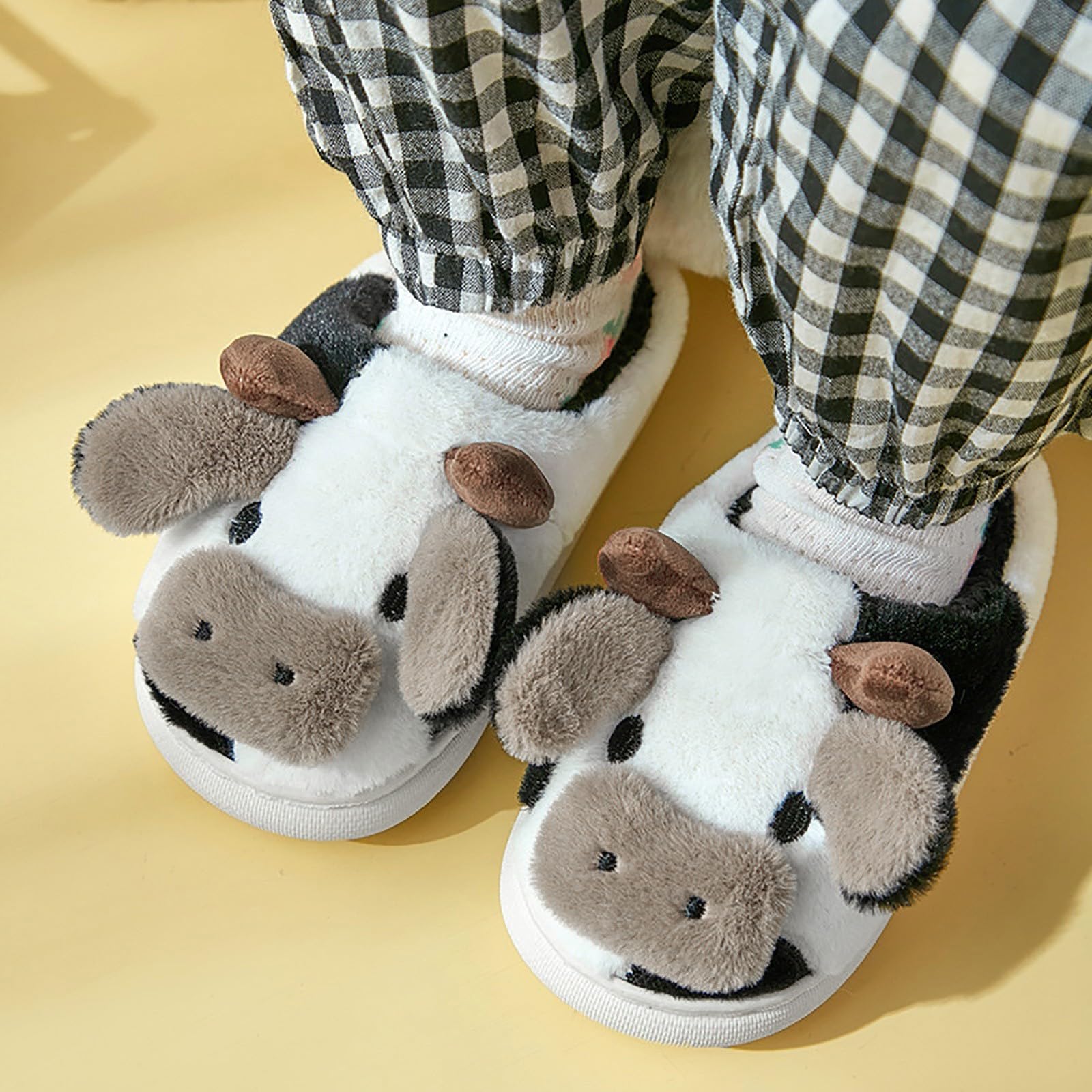 Momolaa Kids Cartoon Cow Cotton Slippers - Soft Fuzzy Indoor/Outdoor House Shoes for Boys & Girls - Warm Winter Bedroom Slippers for Home, School & Playtime