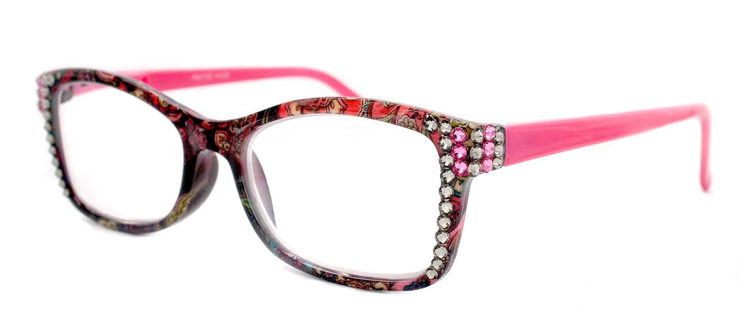 Fashion Women's Reading Glasses with Rose & Black Diamond Crystals - Stylish Rectangular Bling Eyewear for Women - Perfect for Reading, Office Work, and Fashion Accessories