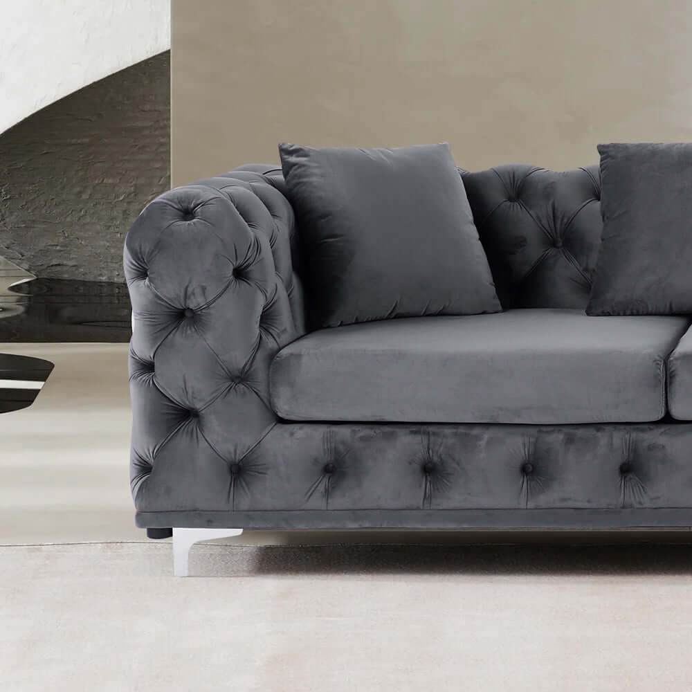 L-Shaped Curved Gray Velvet Sectional Sofa - Modern Chesterfield Style Living Room Couch for Small Spaces & Apartments | Perfect for Lounge, TV Room & Home Theater