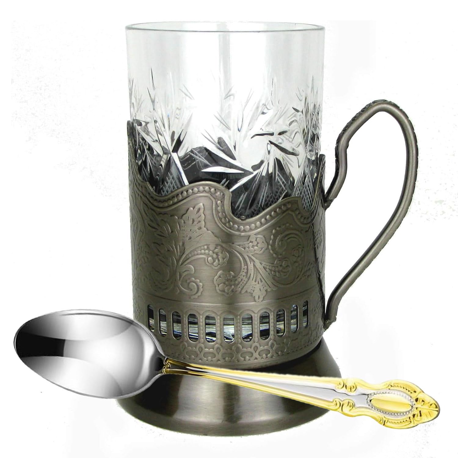 Premium 9-Piece Russian Tea Set - Crystal Tempered Glass Cups with Metal Holders & Teaspoons - Vintage Style Tea Drinking Glasses - Perfect for Afternoon Tea, Russian Tea Ceremonies & Gift Giving