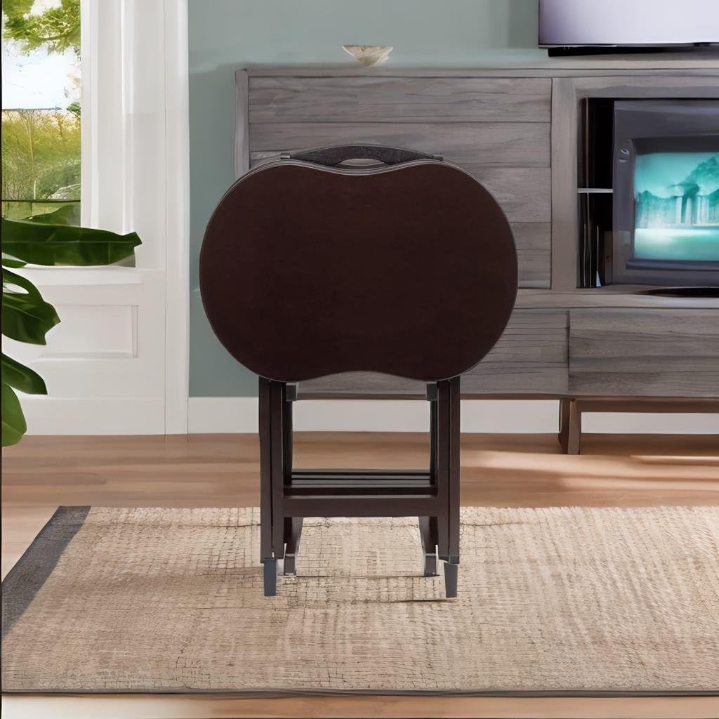 Ergode 5-Piece Wooden Snack Table Set - Dark Brown Folding Side Tables with X-Frame Base & Upright Stand, Easy to Assemble - Perfect for Living Room, Patio, Outdoor Entertaining & Small Space Decor