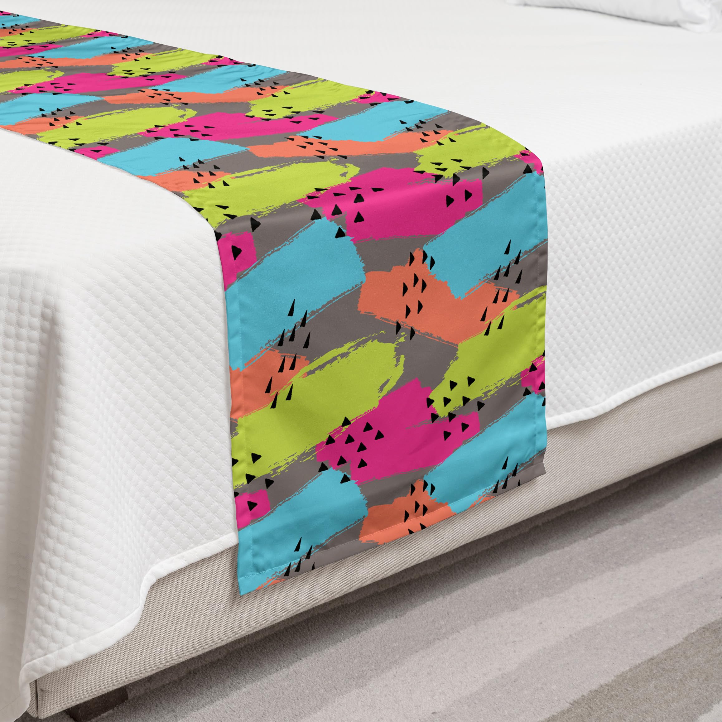 Ambesonne Modern Bed Runner - Colorful Abstract Brush Strokes & Geometric Triangles Print, Decorative Bed Scarf for Hotels, Homes & Guest Rooms | Perfect for Master Bedrooms, Airbnb Decor & Luxury Bedding Accents