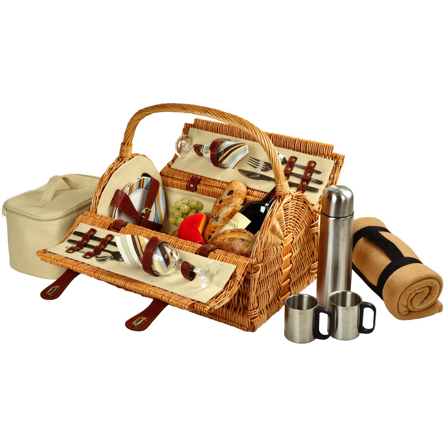 Premium Sussex Willow Picnic Basket Set for 2 - Includes Coffee Service & Blanket | Elegant Outdoor Picnics, Beach Outings & Romantic Dates | Santa Cruz Collection