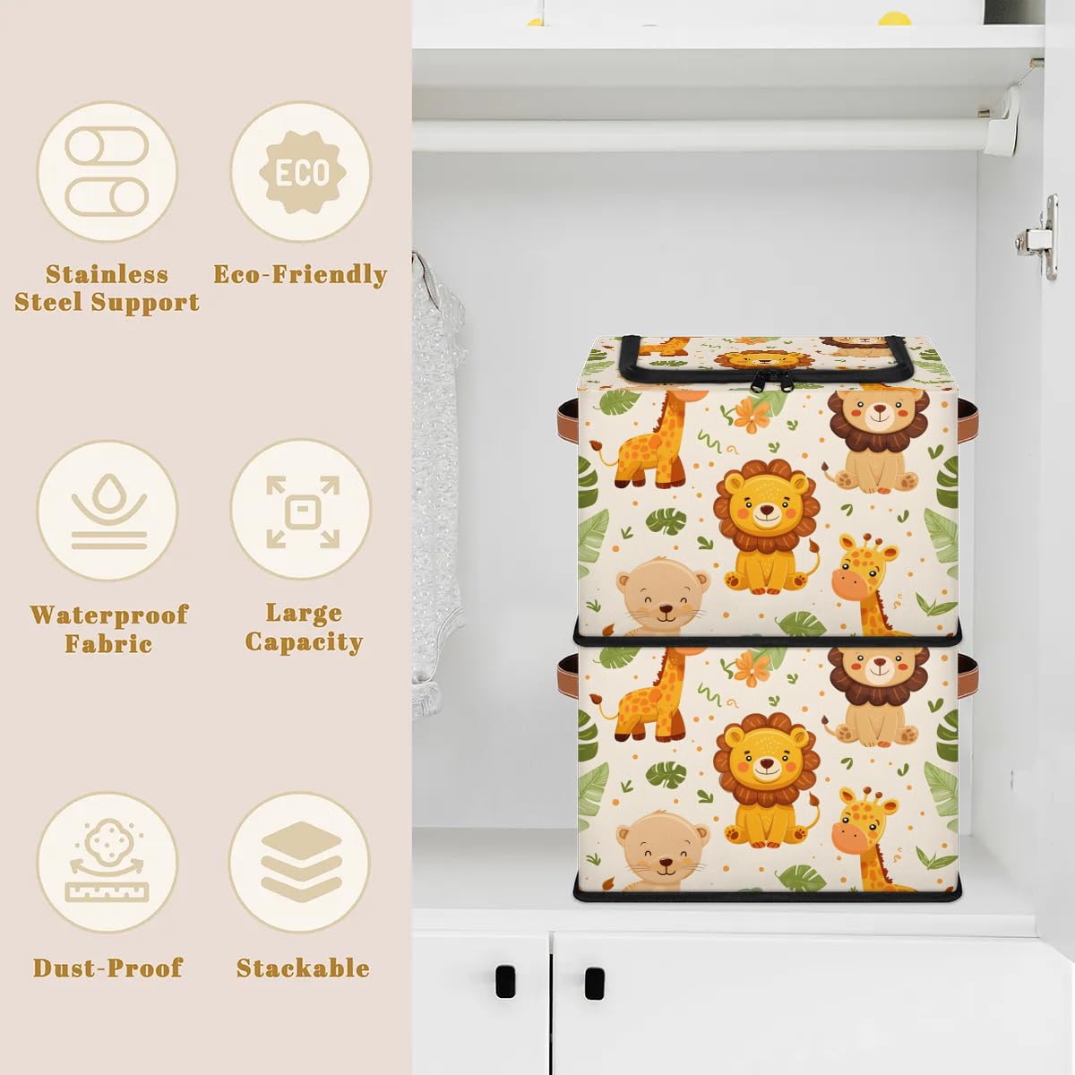 Collapsible Storage Bins with Lids - Jungle Animal Print Stackable Fabric Storage Cubes | Dustproof Closet Organizer for Clothes, Toys, Blankets | Perfect for Kids' Room, Nursery & Home Organization