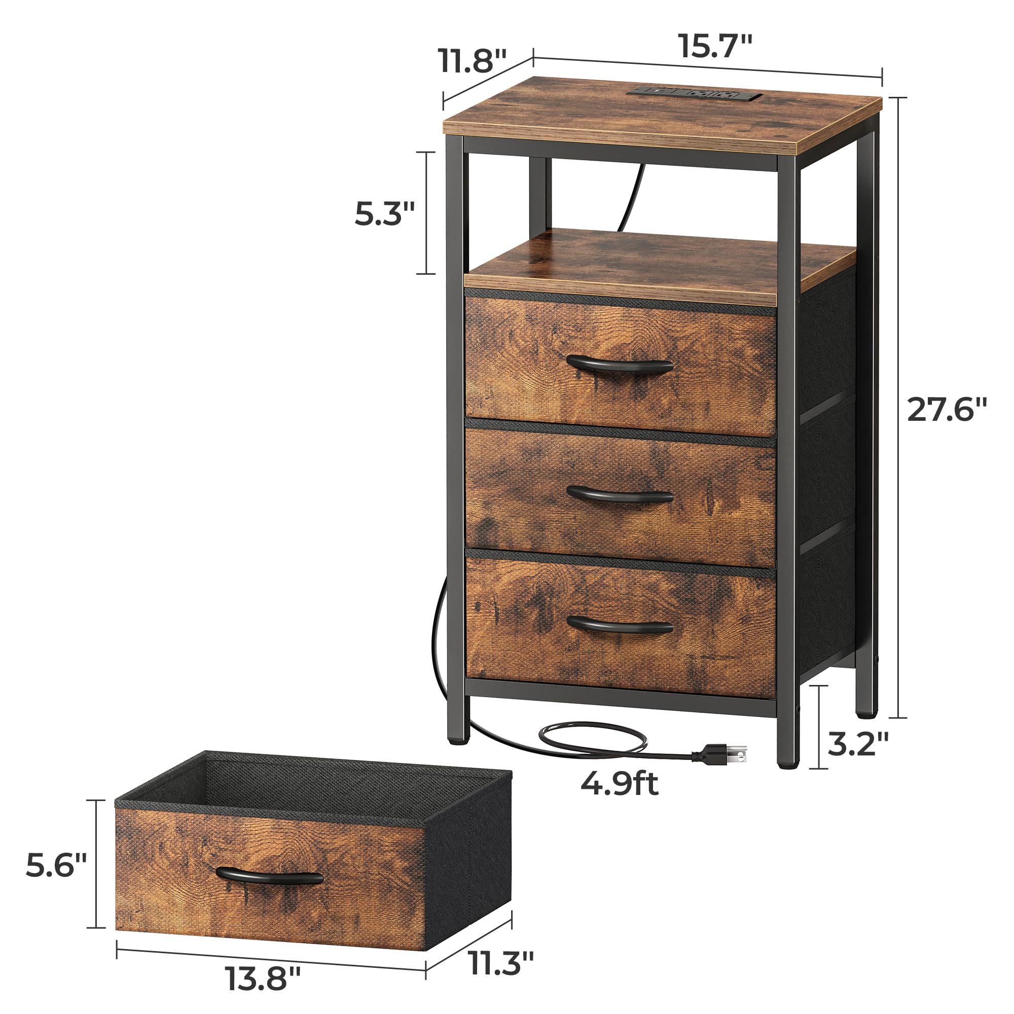 Huuger 27.6 Inch Nightstand with USB Charging Station & Fabric Drawers - Rustic Brown Bedside Table with Outlets for Bedroom | Perfect for Small Spaces, Apartment Living & Modern Home Decor