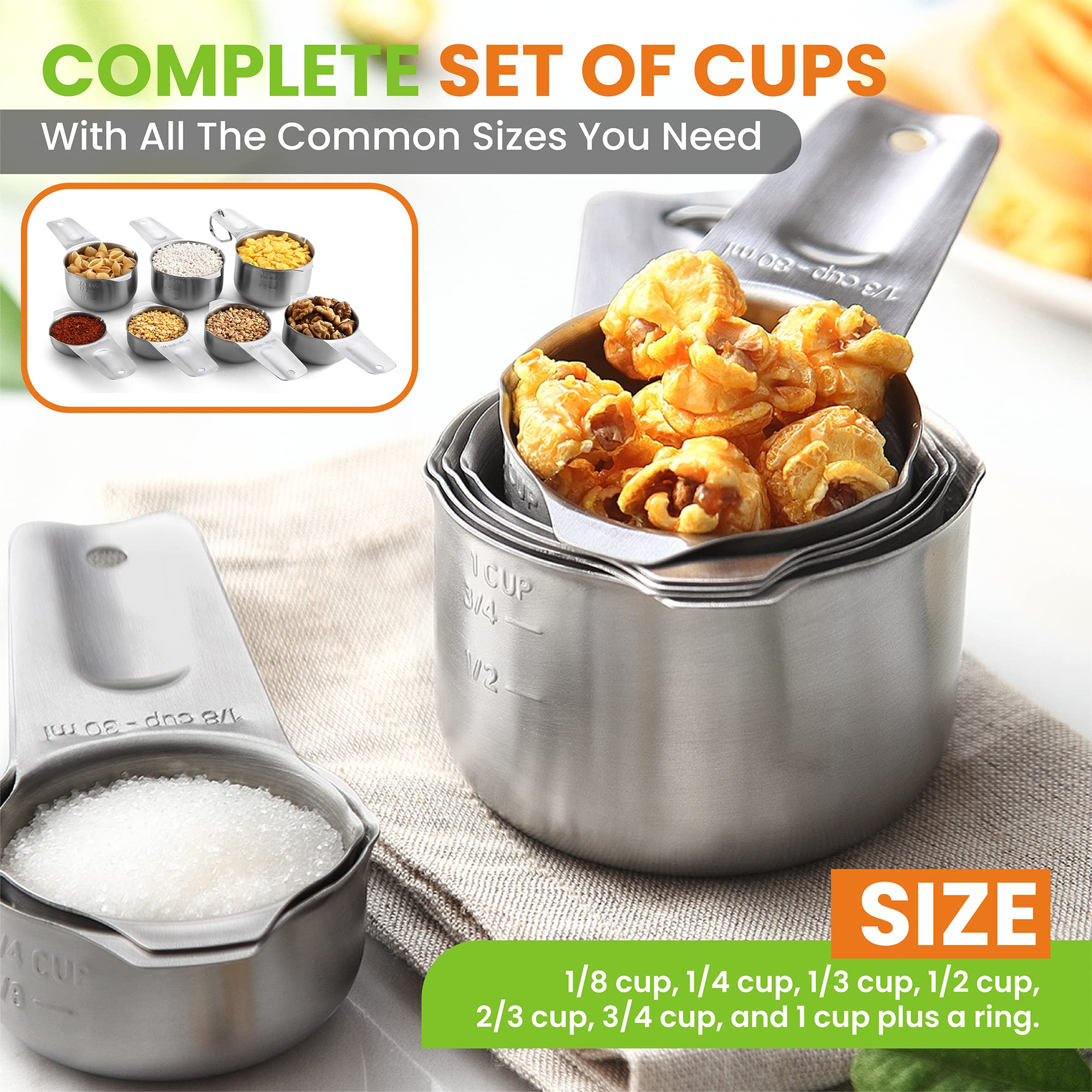 Spring Chef Stainless Steel Measuring Spoons & Cups Set - 2-Piece Kitchen Bundle for Baking & Cooking | Rectangular Spoons & Round Cups