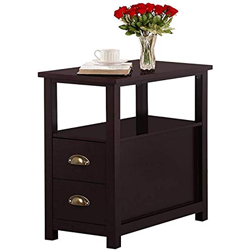 Rustic Espresso Narrow End Table with 2 Drawers & Storage Shelf - Nightstand for Bedroom, Living Room Chairside Table with Bin Drawer - Perfect for Small Spaces, Apartment Decor & Bedside Organization