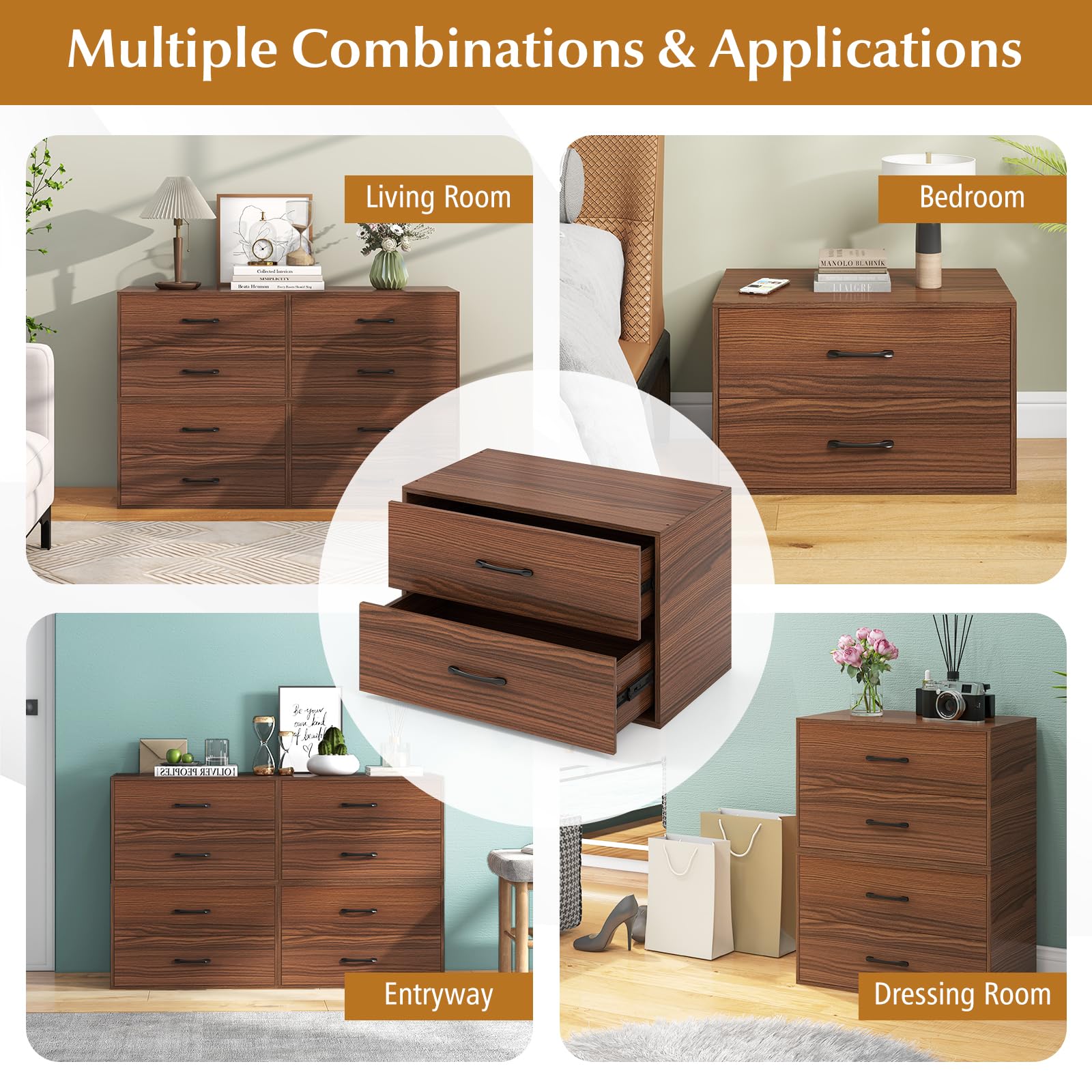 Giantex 2-Drawer Stackable Storage Cube Organizer with Handles - Horizontal Dresser Tower for Bedroom, Living Room, Office & Closet - Brown Wooden Storage Furniture for Home Organization & Space Saving