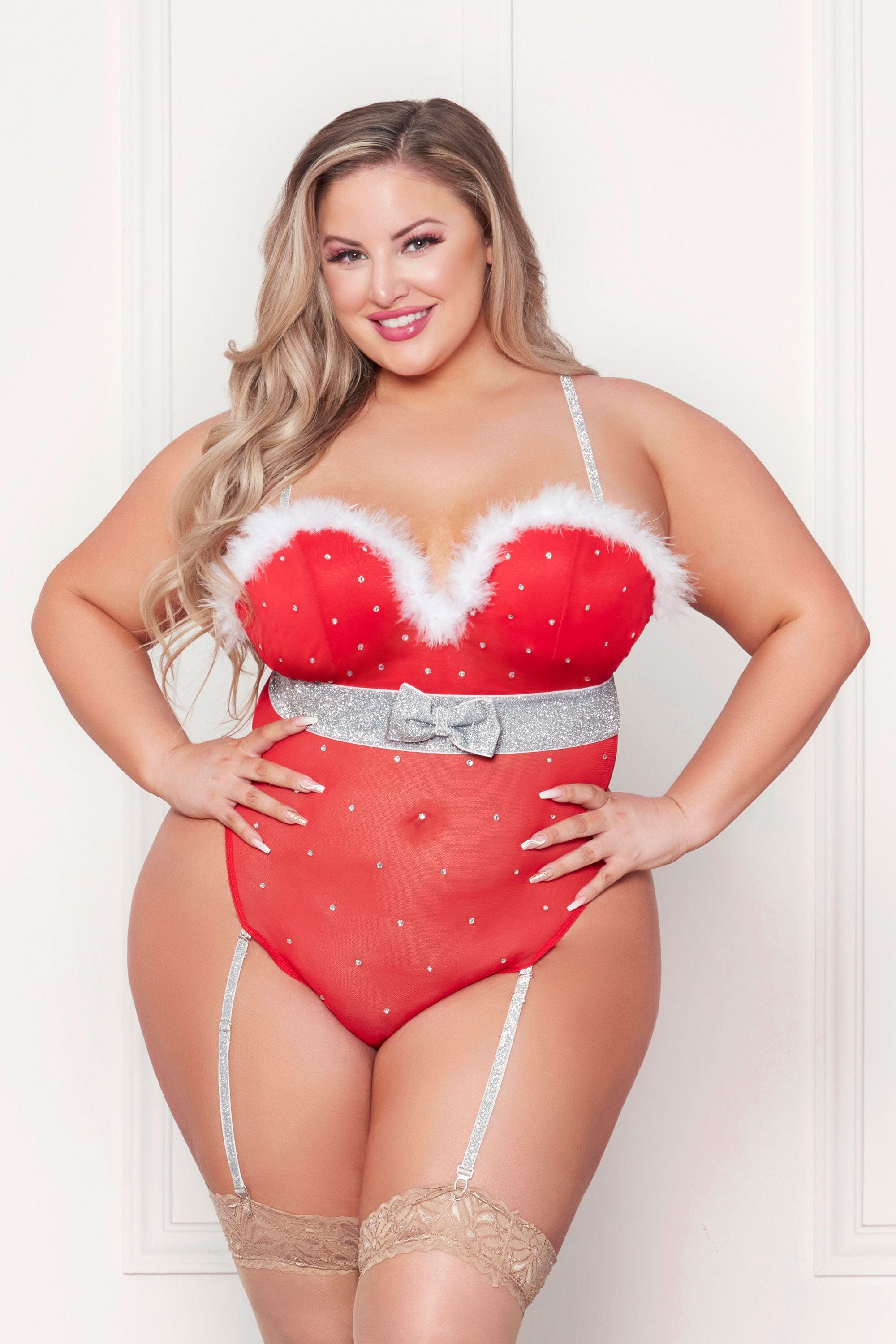 Rhinestone Studded Mesh Teddy With Marabou Trim - Plus Size 3X/4X Red Lingerie for Valentine's Day & Boudoir Photography