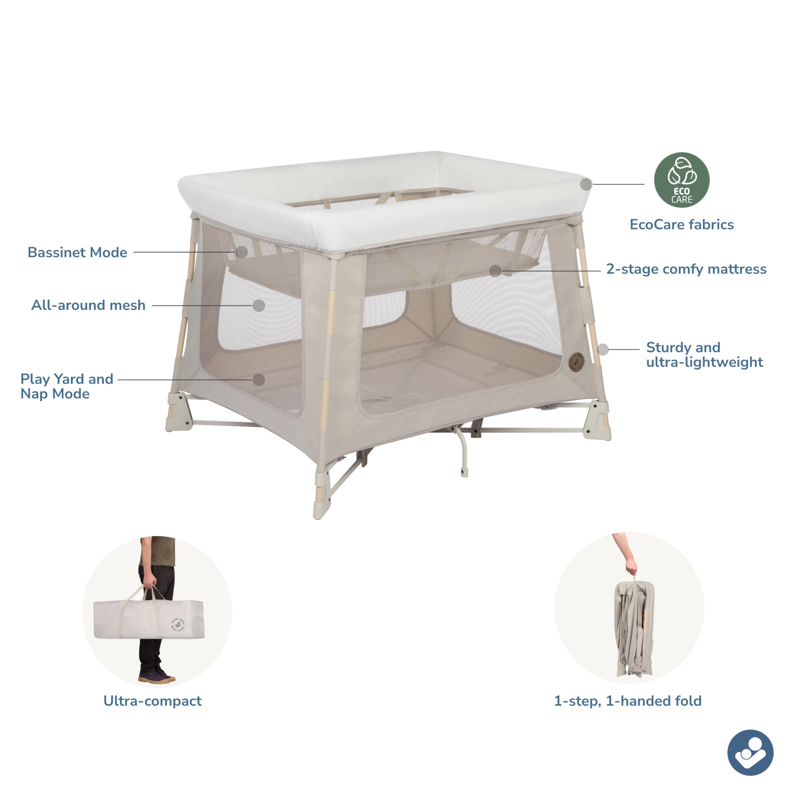 Maxi-Cosi Swift Baby Playpen with Mat - Portable Play Yard for Infants & Toddlers, Includes Bassinet & Pack 'n Play - Classic Oat Color | Perfect for Home, Travel & Daycare Use
